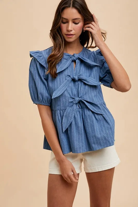 Serenity Stripe Front Bow Denim Peplum Blouse