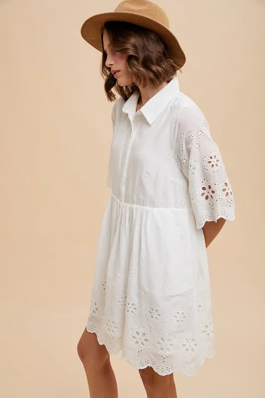 Eyelet Escape Embroidered Scallop Edge Detail Mini Shirt Dress
