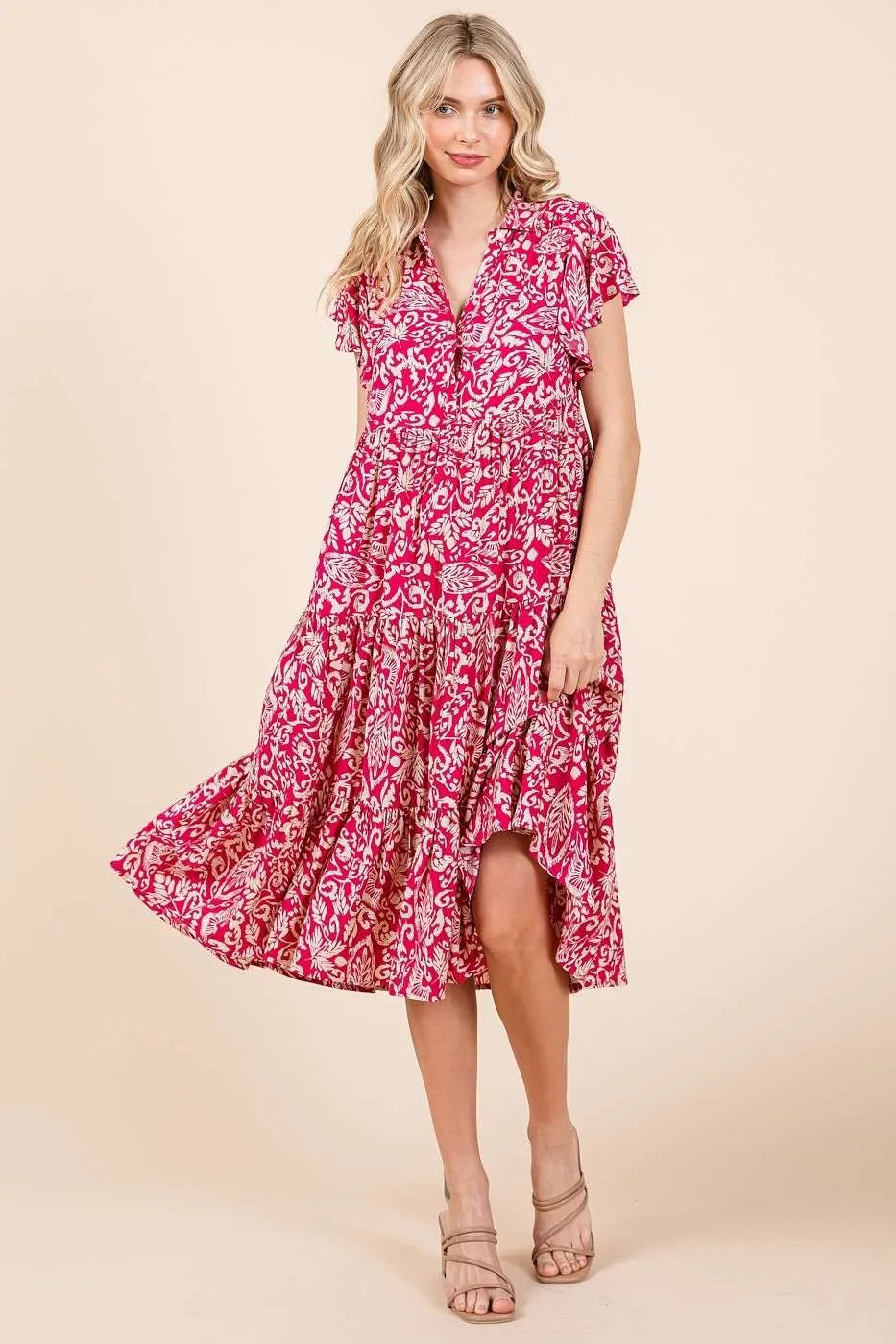 Sweet Escape Abstract Print Ruffle Tier Midi Dress
