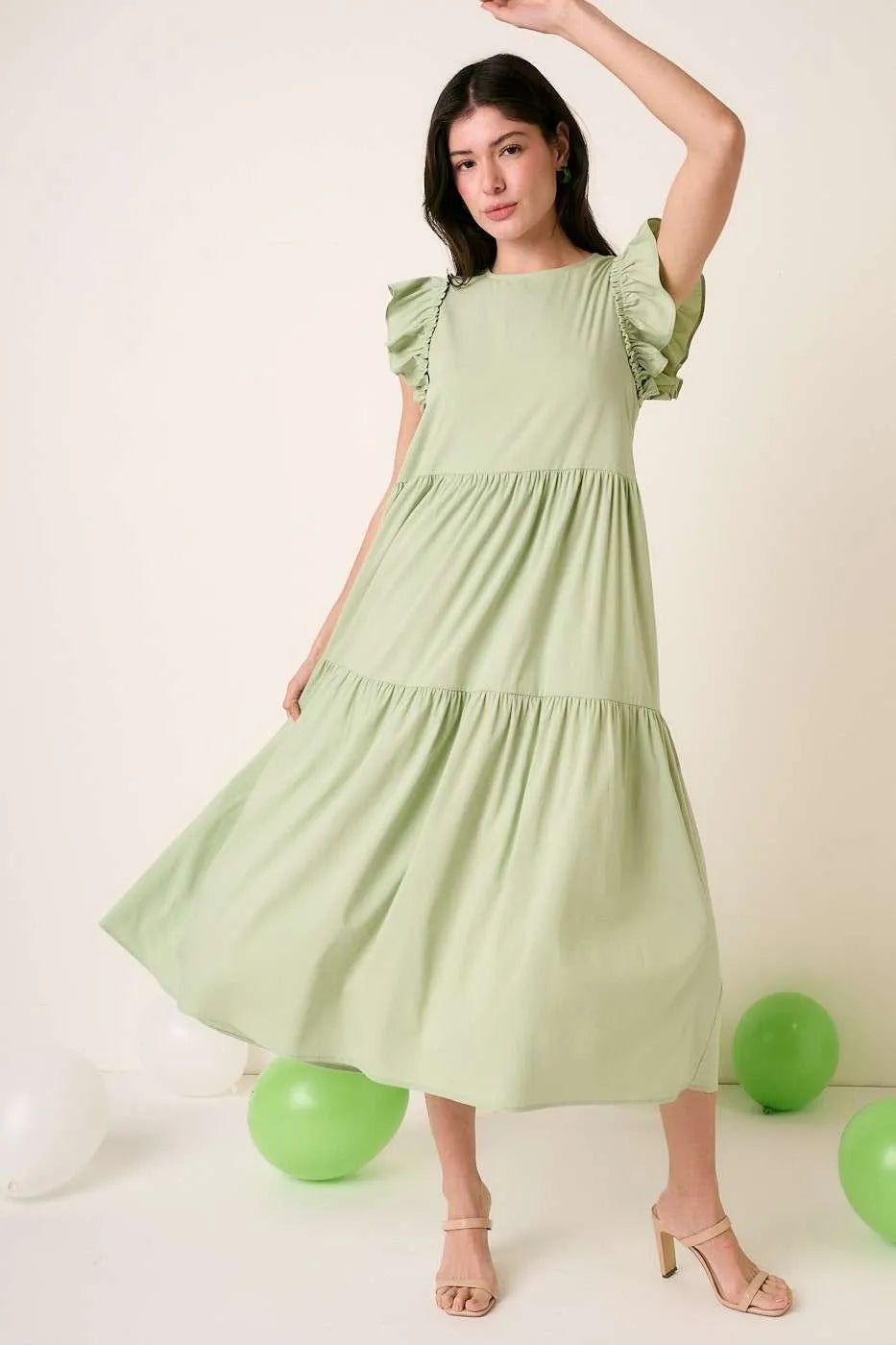 Evermore Sage Ruffle Short Sleeve Tiered Maxi Dress
