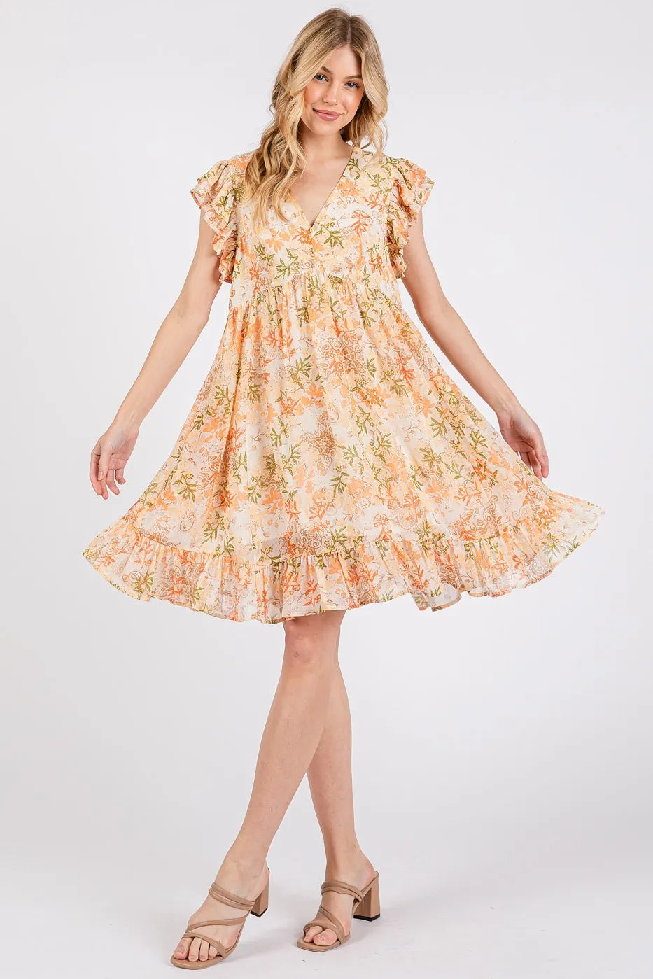 Golden Hour Floral Chiffon Ruffle Mini Dress