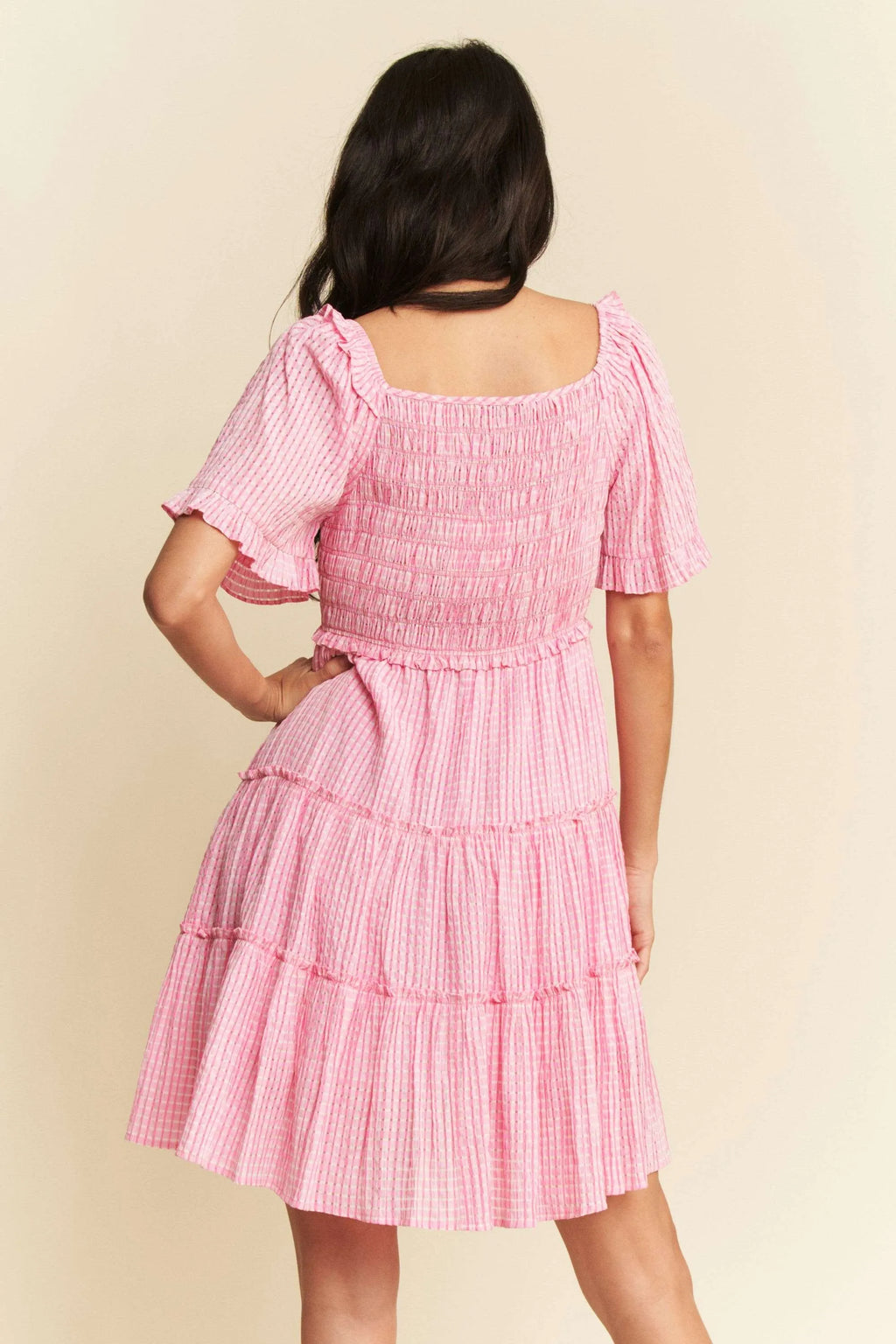 Forever Yours Pink Jacquard Checker Smocking Tiered Dress