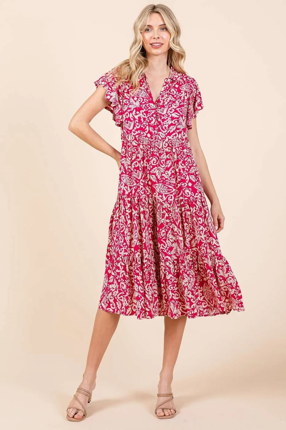 Sweet Escape Abstract Print Ruffle Tier Midi Dress