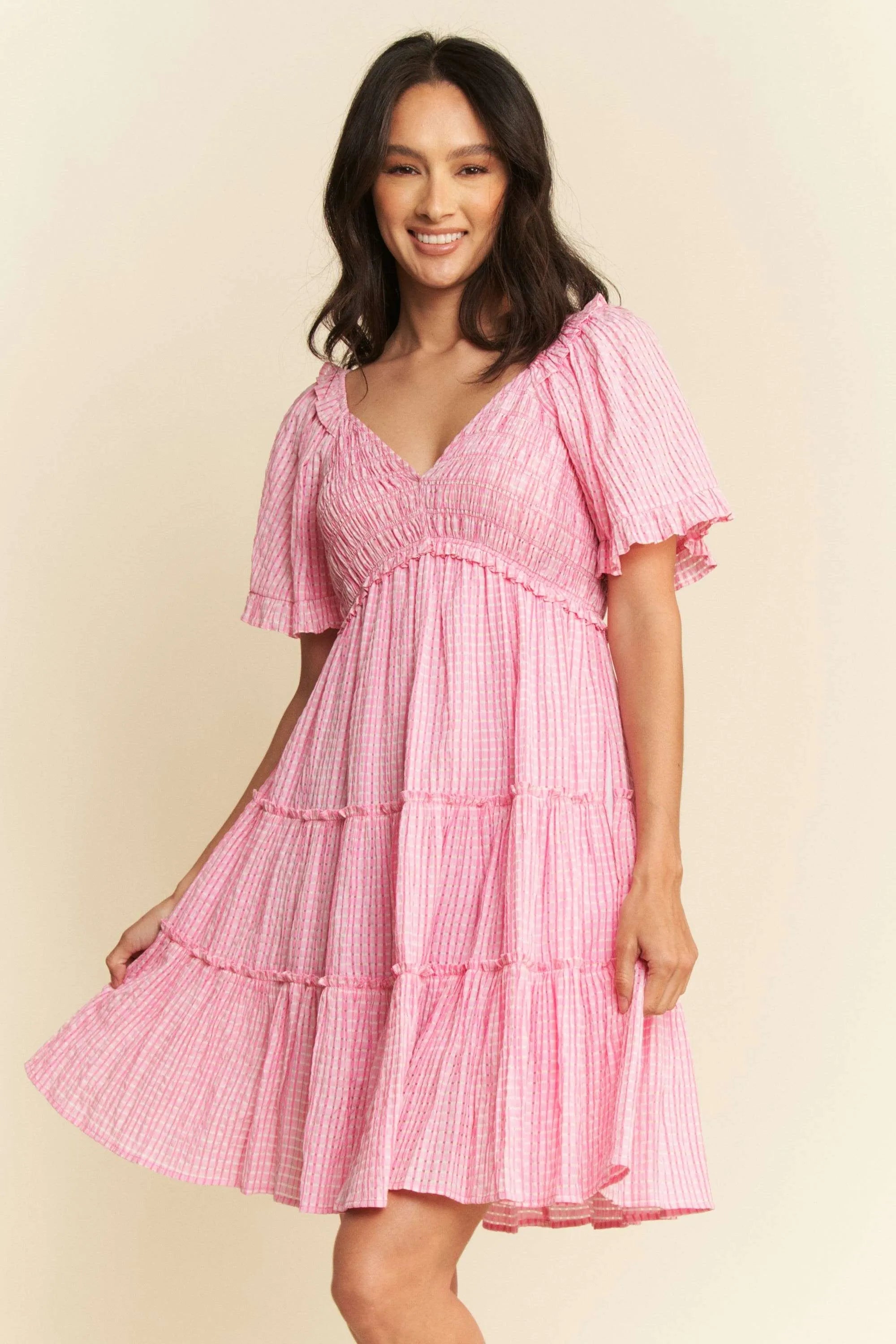 Forever Yours Pink Jacquard Checker Smocking Tiered Dress