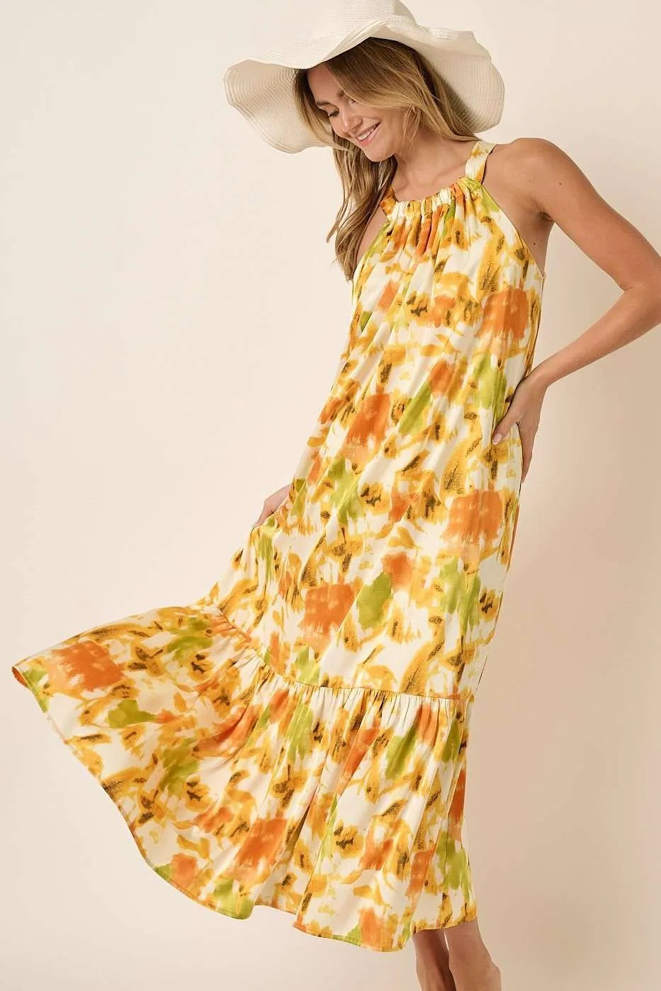 Wildflower Walk Halter Neck Satin Maxi Dress