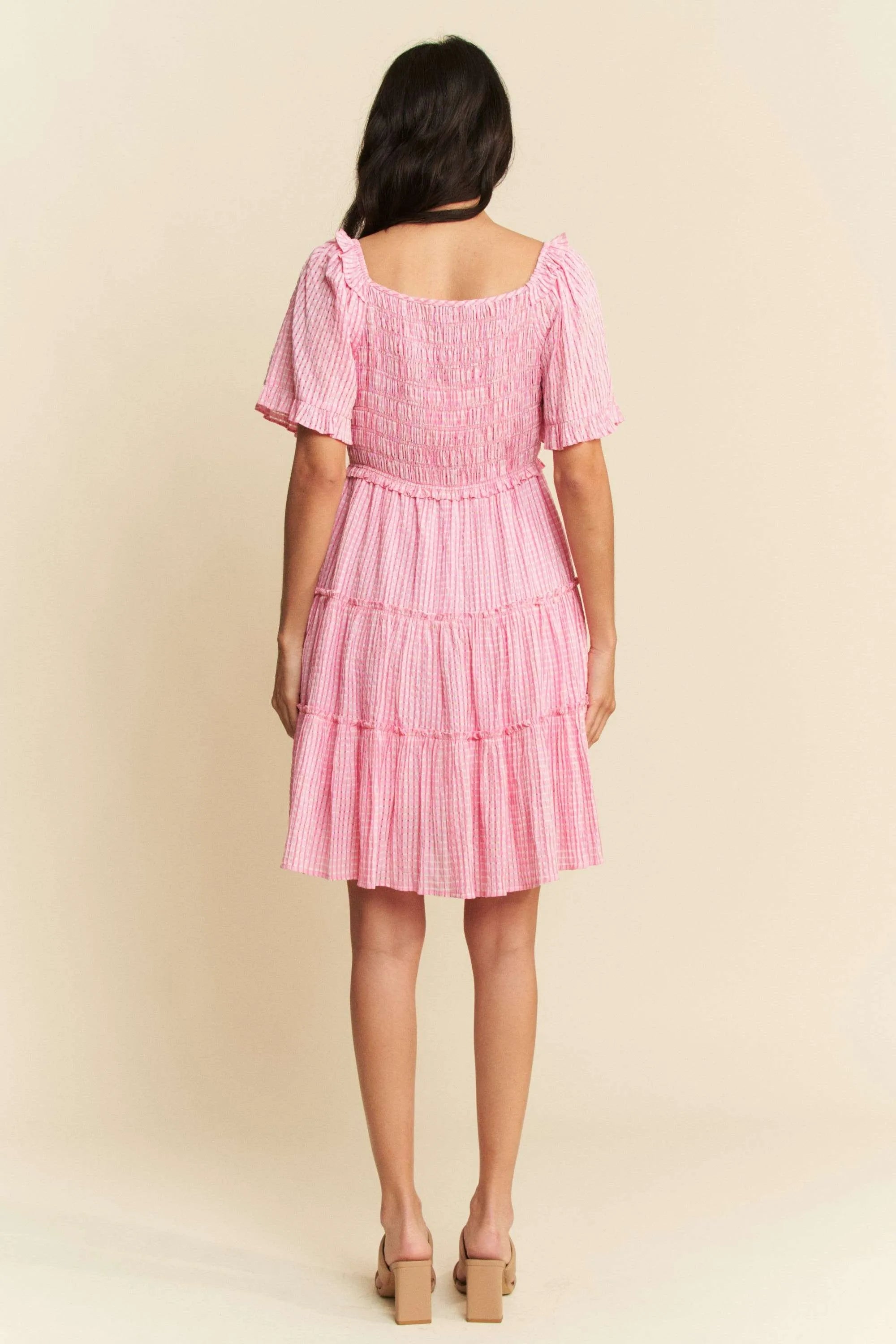 Forever Yours Pink Jacquard Checker Smocking Tiered Dress