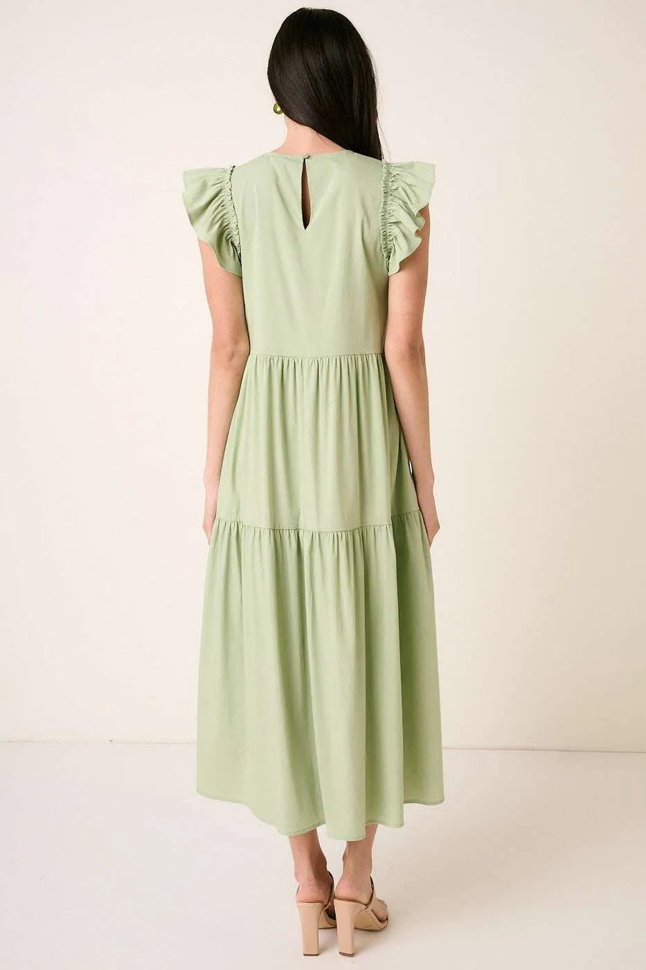 Evermore Sage Ruffle Short Sleeve Tiered Maxi Dress