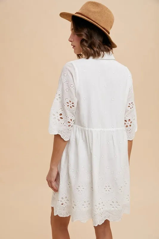 Eyelet Escape Embroidered Scallop Edge Detail Mini Shirt Dress