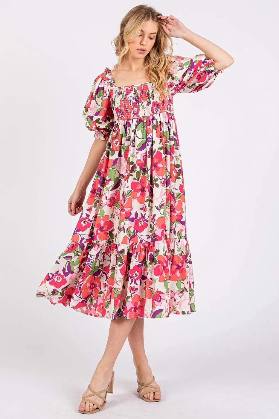 Garden Stroll Floral Smocked Midi Dress