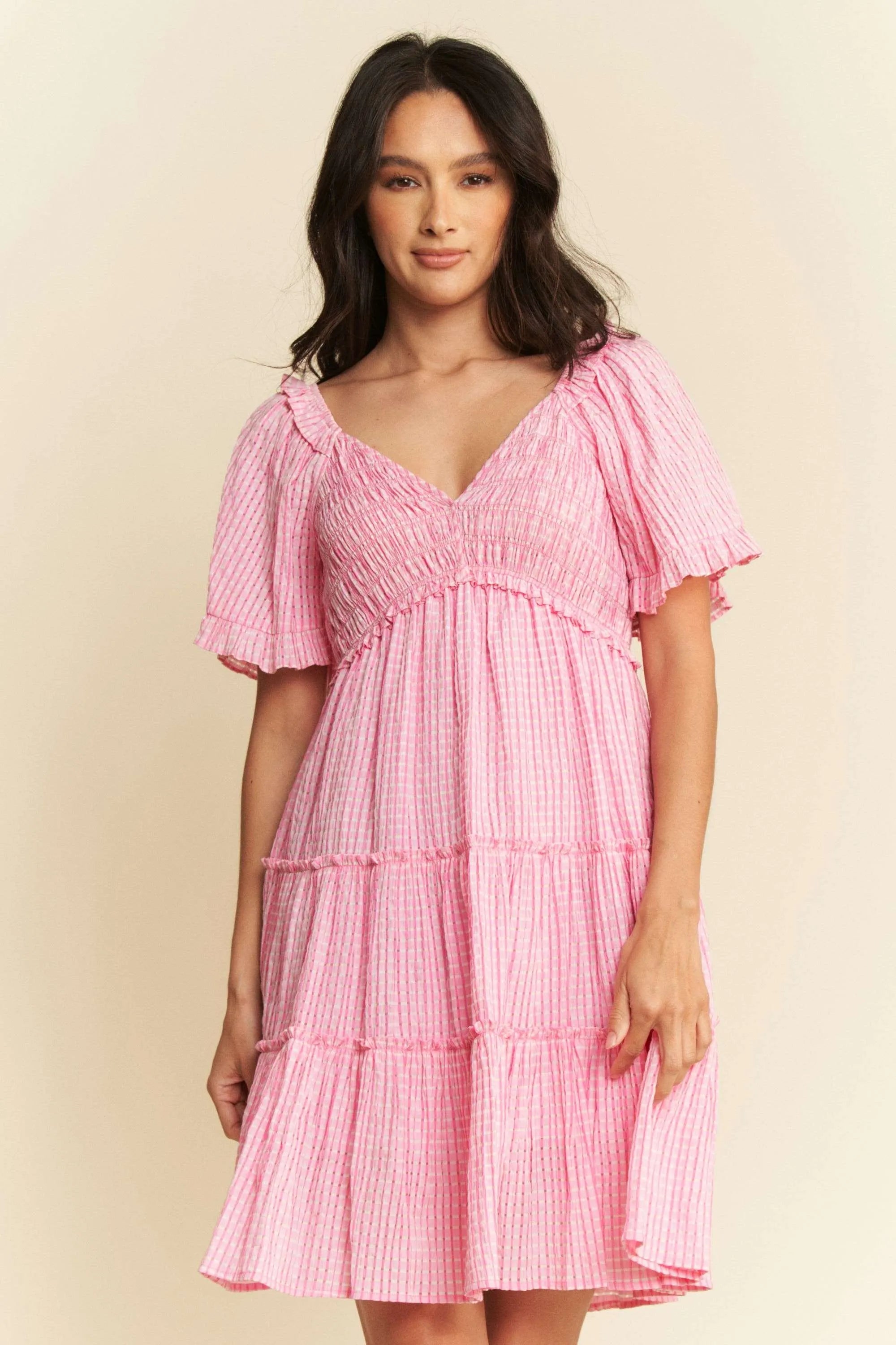 Forever Yours Pink Jacquard Checker Smocking Tiered Dress