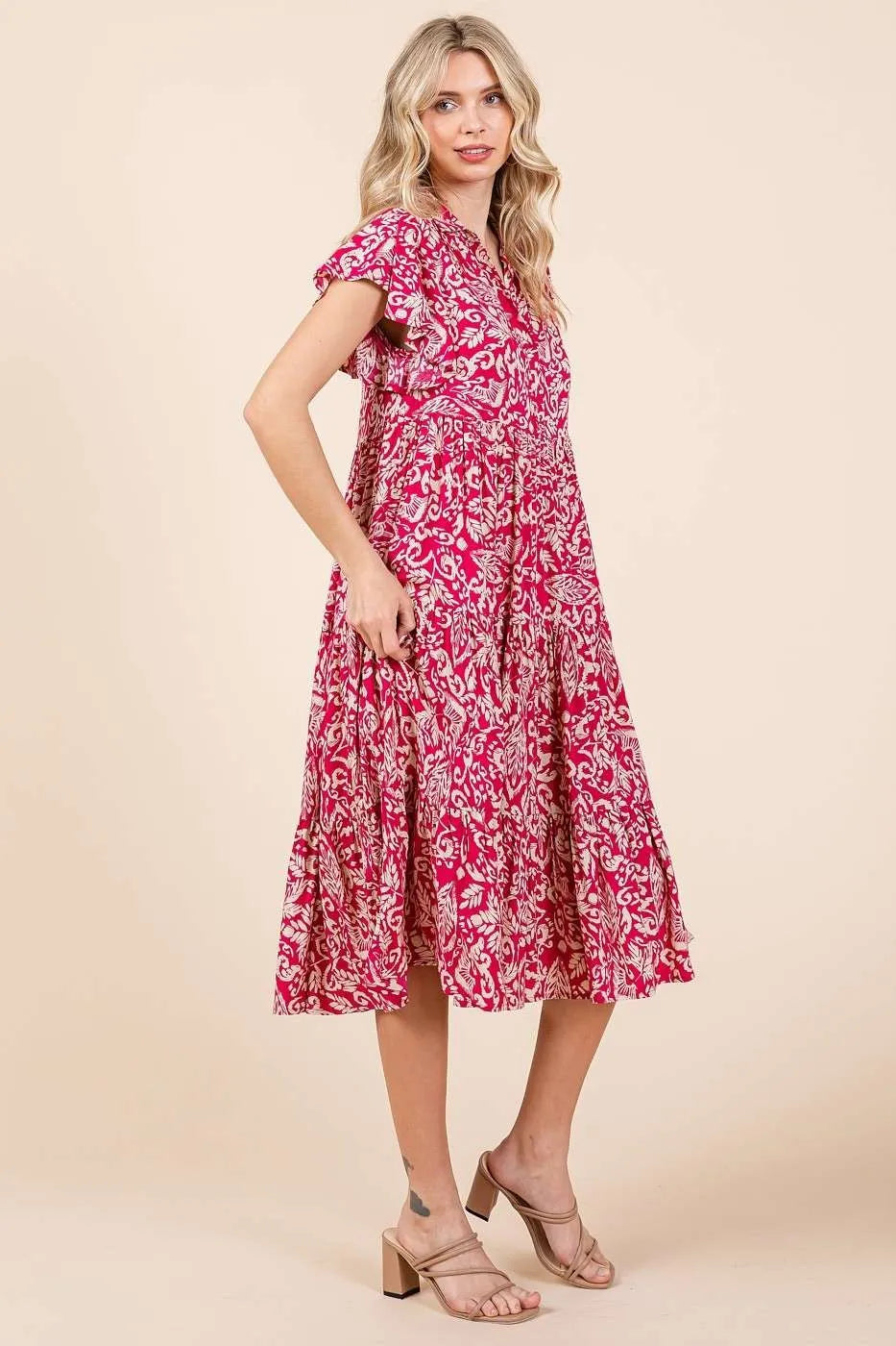 Sweet Escape Abstract Print Ruffle Tier Midi Dress
