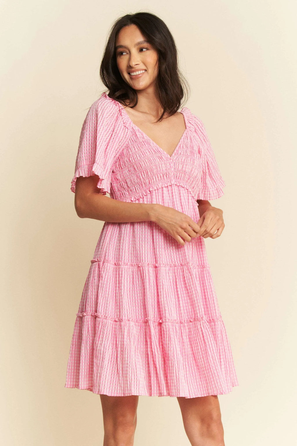 Forever Yours Pink Jacquard Checker Smocking Tiered Dress