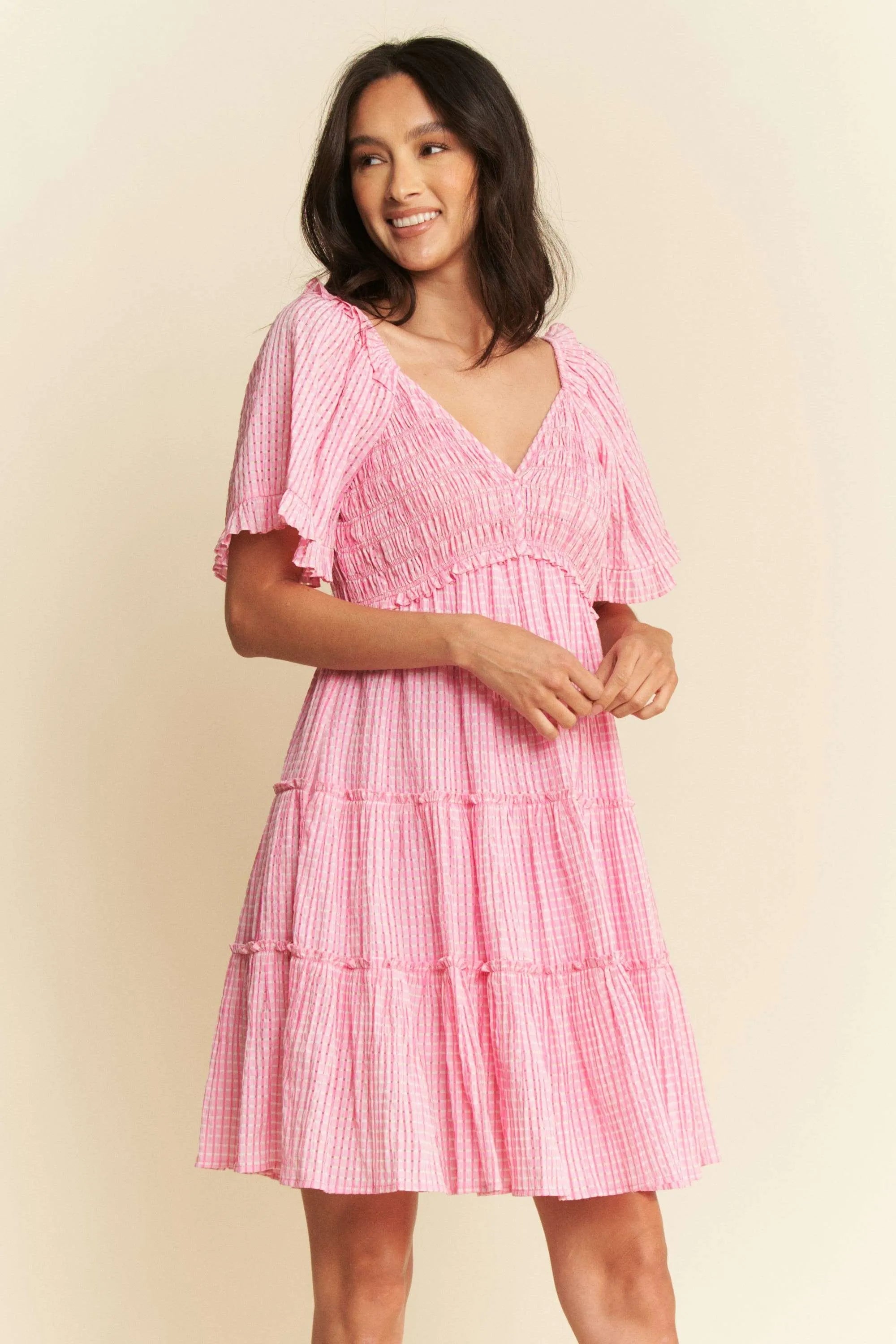 Forever Yours Pink Jacquard Checker Smocking Tiered Dress