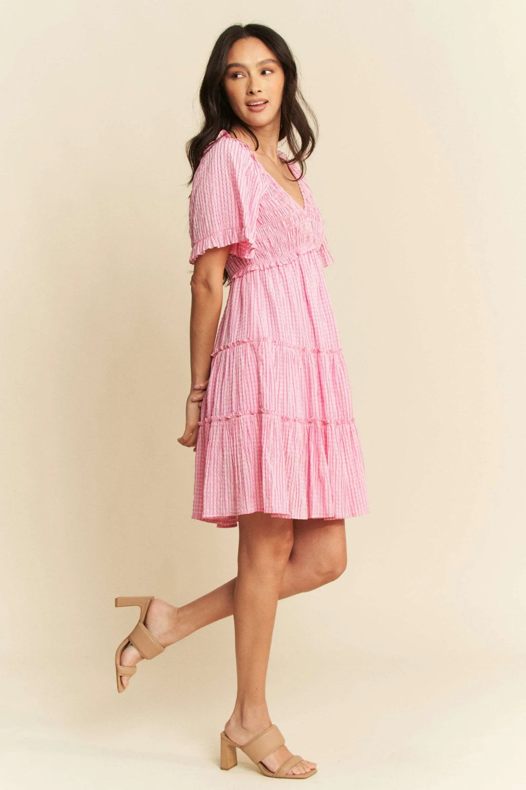 Forever Yours Pink Jacquard Checker Smocking Tiered Dress