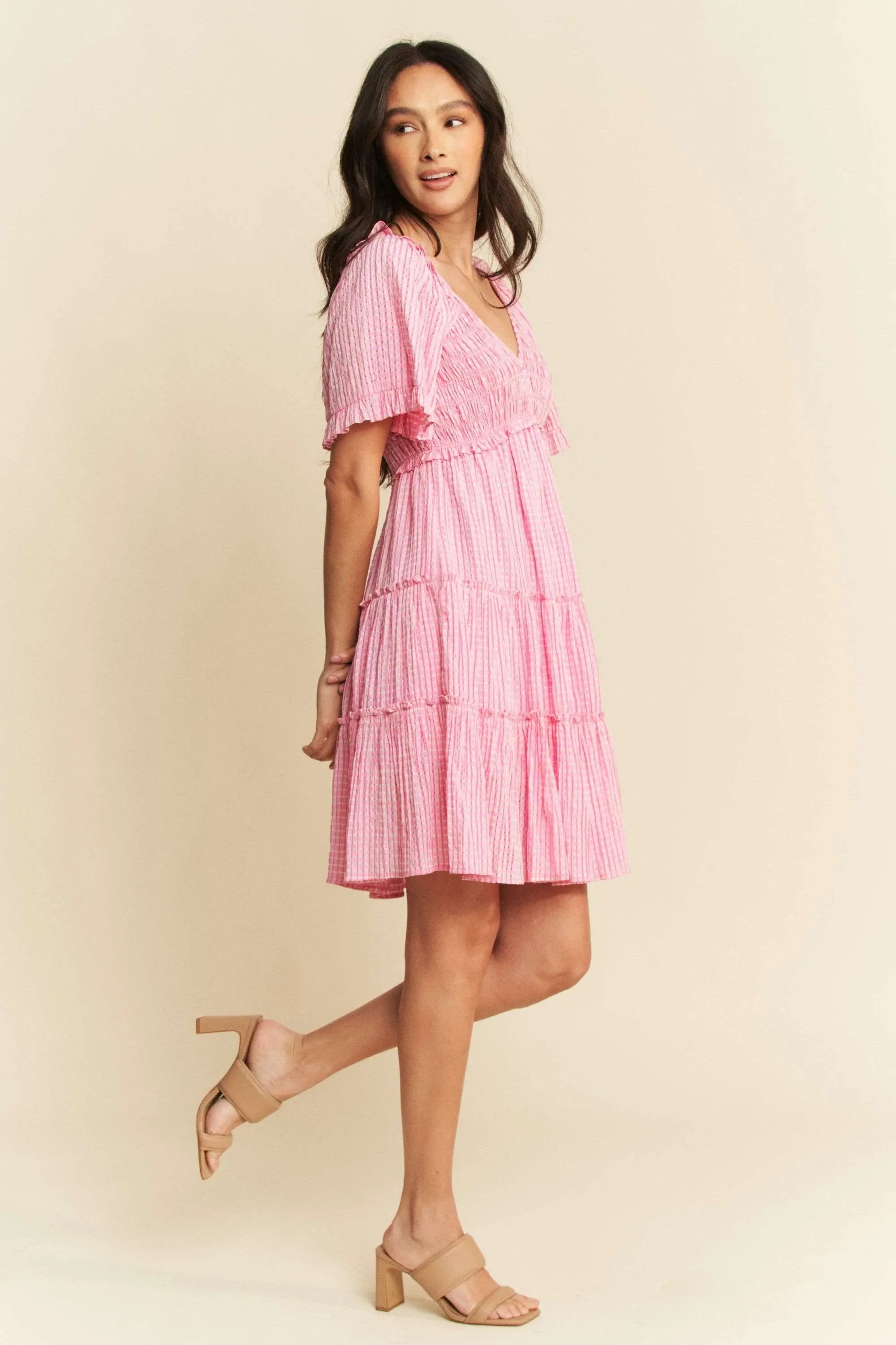 Forever Yours Pink Jacquard Checker Smocking Tiered Dress