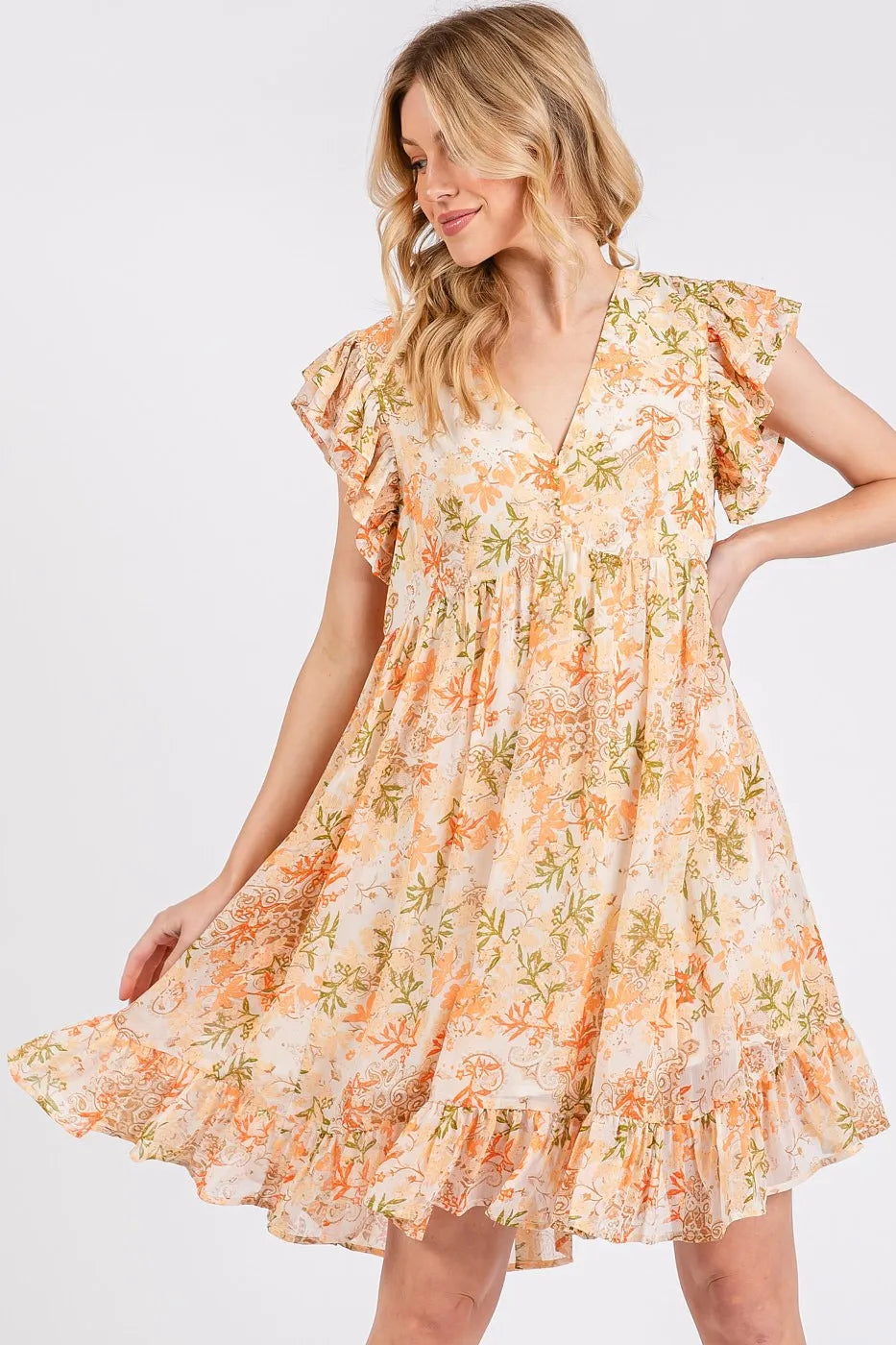 Golden Hour Floral Chiffon Ruffle Mini Dress