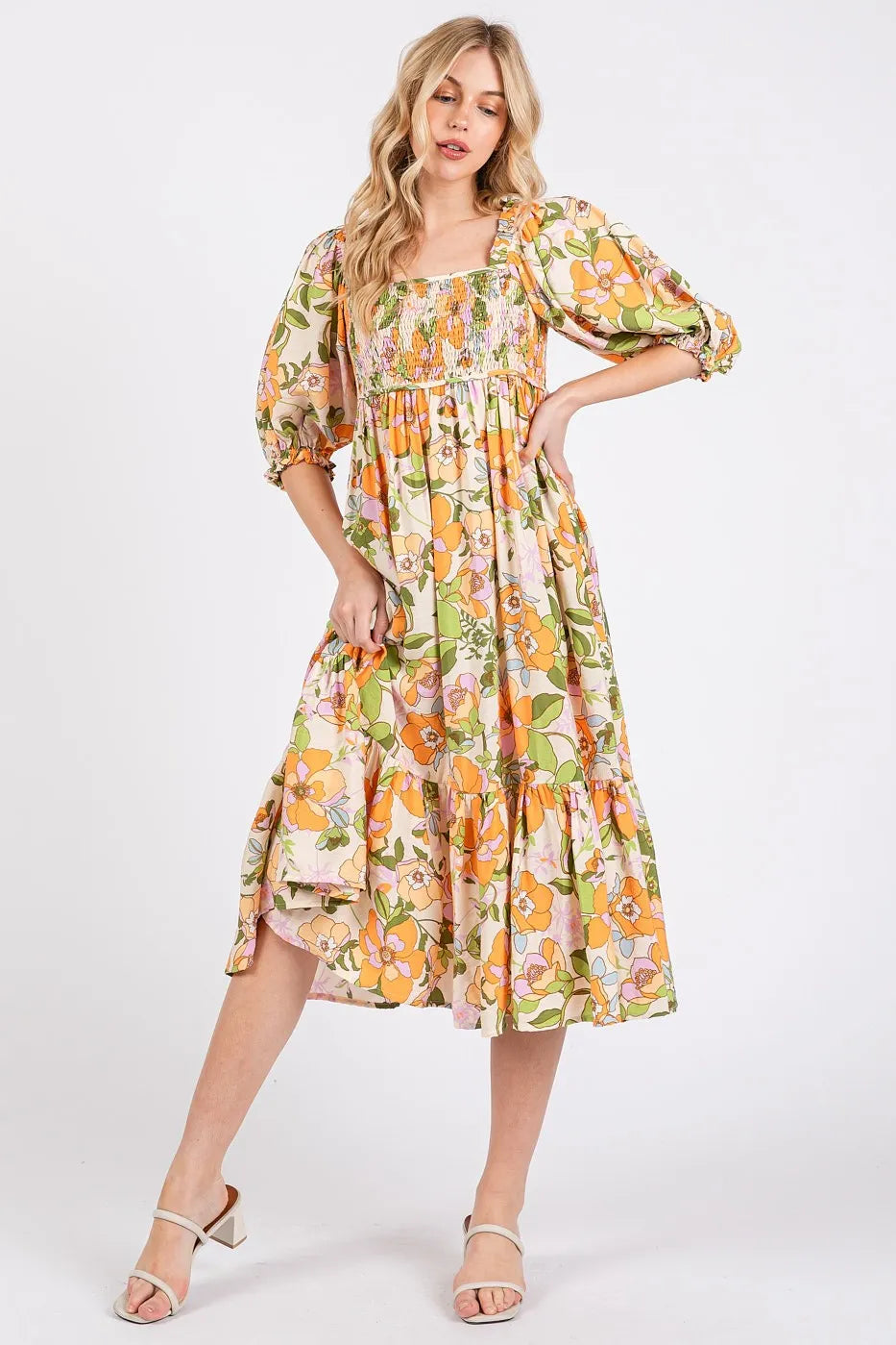 Petal Blossom Flower Print Puff Sleeve Ruffle Smocked Midi Dress