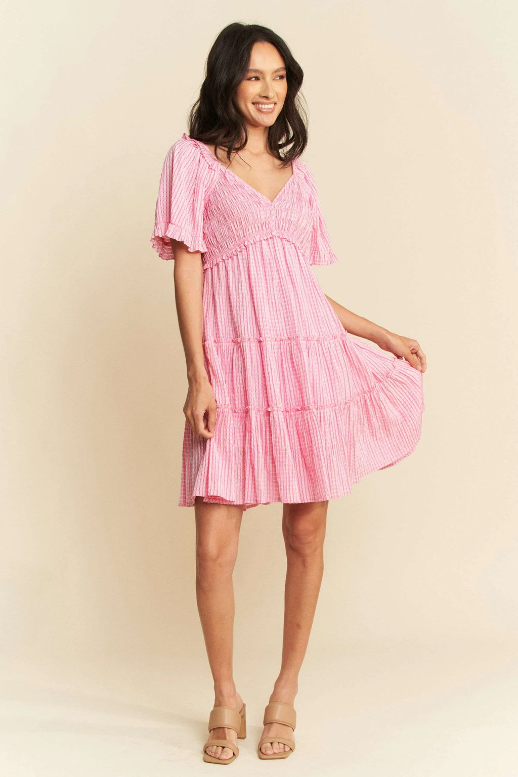 Forever Yours Pink Jacquard Checker Smocking Tiered Dress