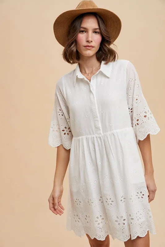 Eyelet Escape Embroidered Scallop Edge Detail Mini Shirt Dress