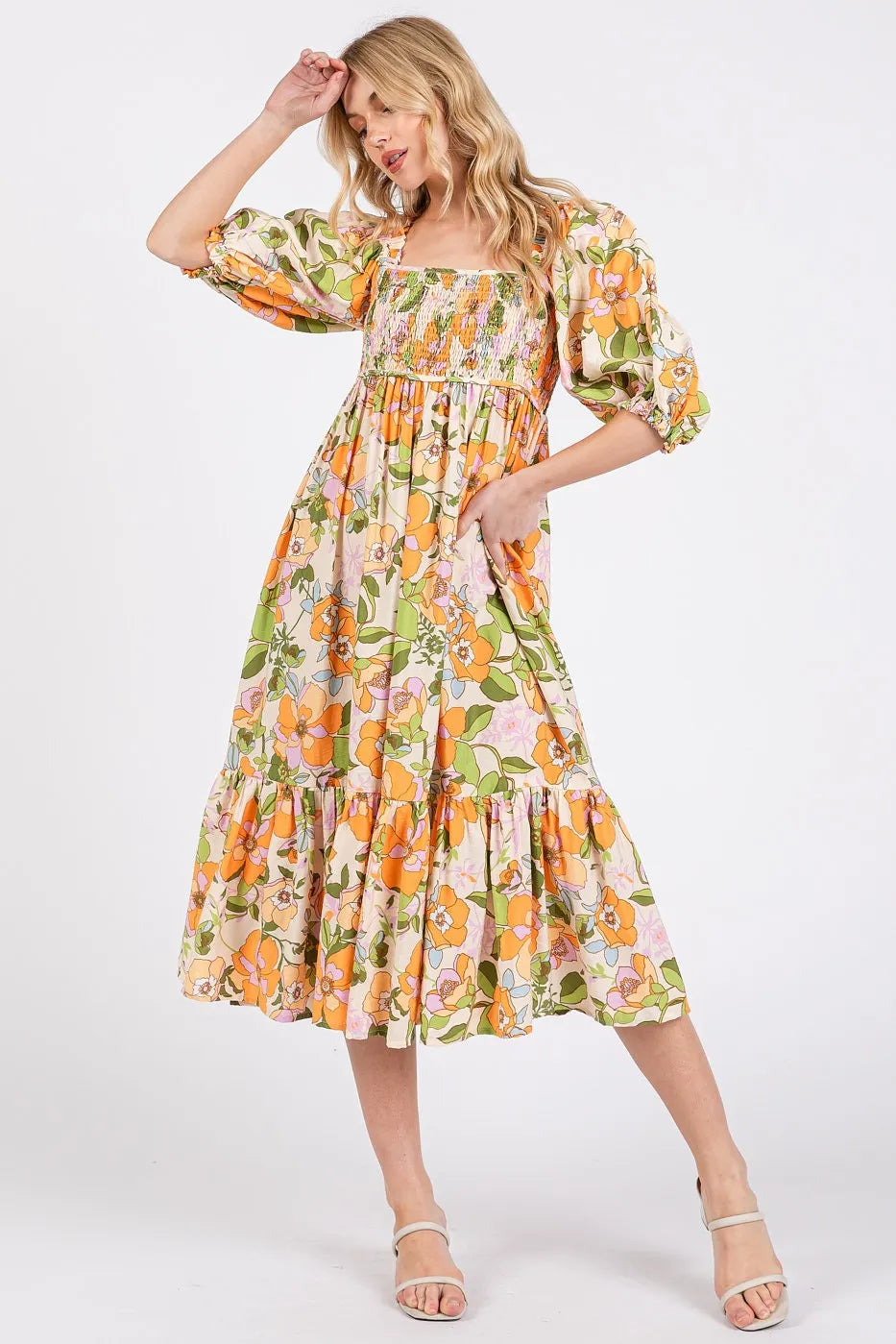 Petal Blossom Flower Print Puff Sleeve Ruffle Smocked Midi Dress