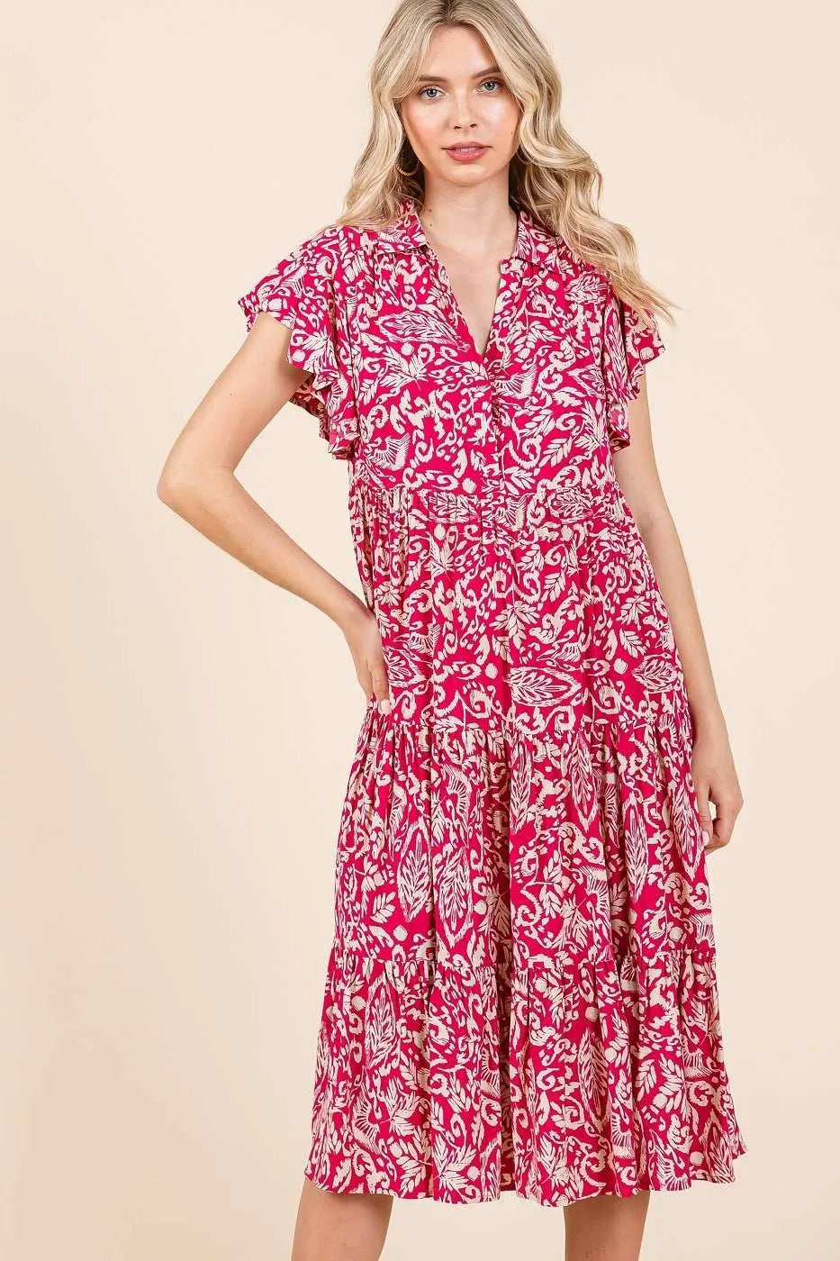 Sweet Escape Abstract Print Ruffle Tier Midi Dress