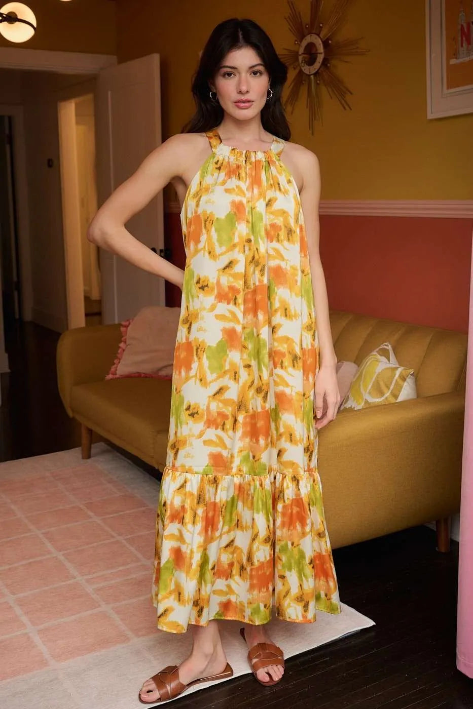 Wildflower Walk Halter Neck Satin Maxi Dress