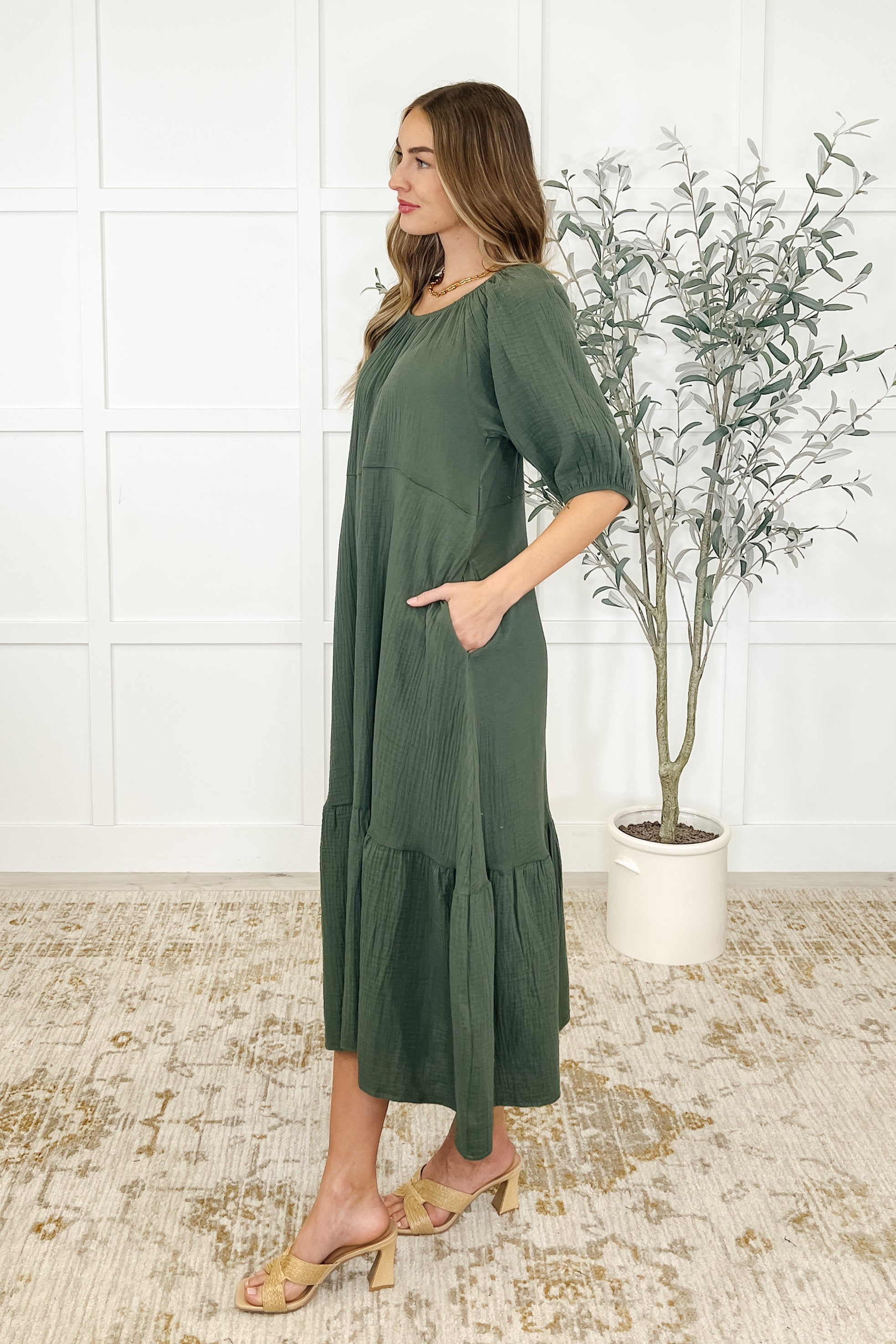 Hazel 100 Cotton Dress in Dusty Pine