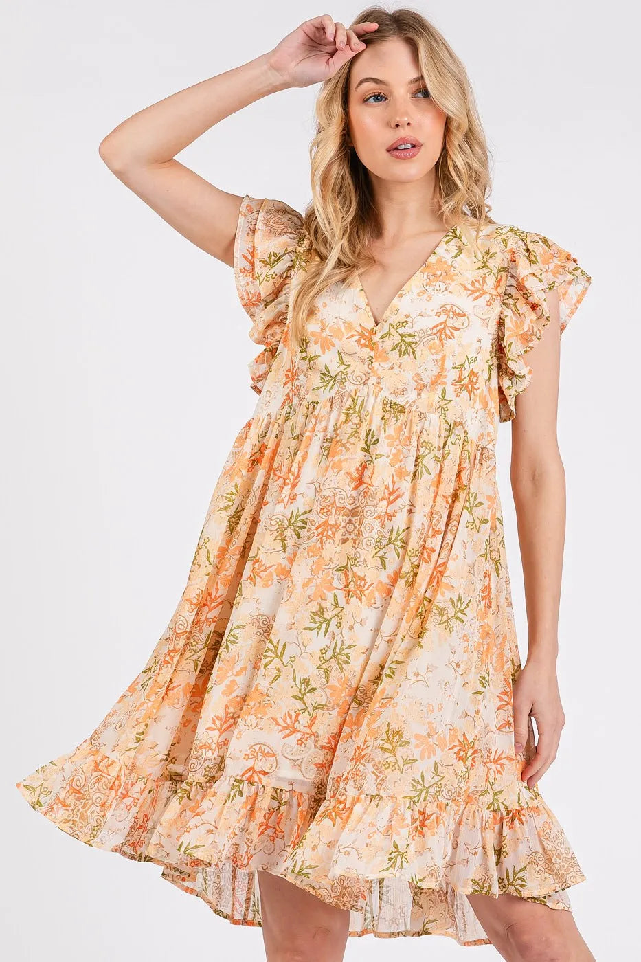 Golden Hour Floral Chiffon Ruffle Mini Dress