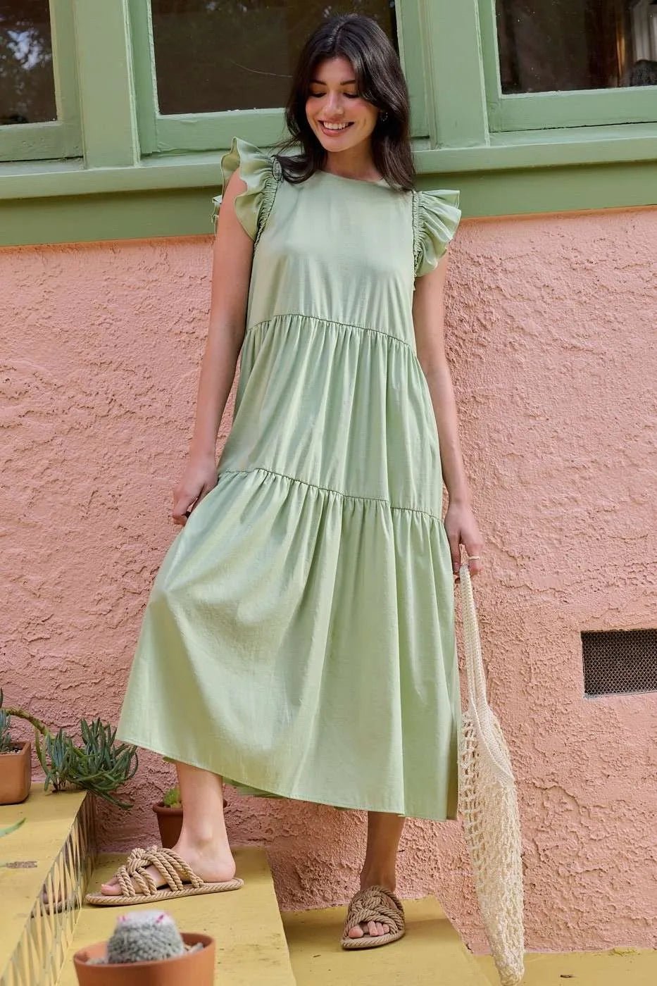 Evermore Sage Ruffle Short Sleeve Tiered Maxi Dress