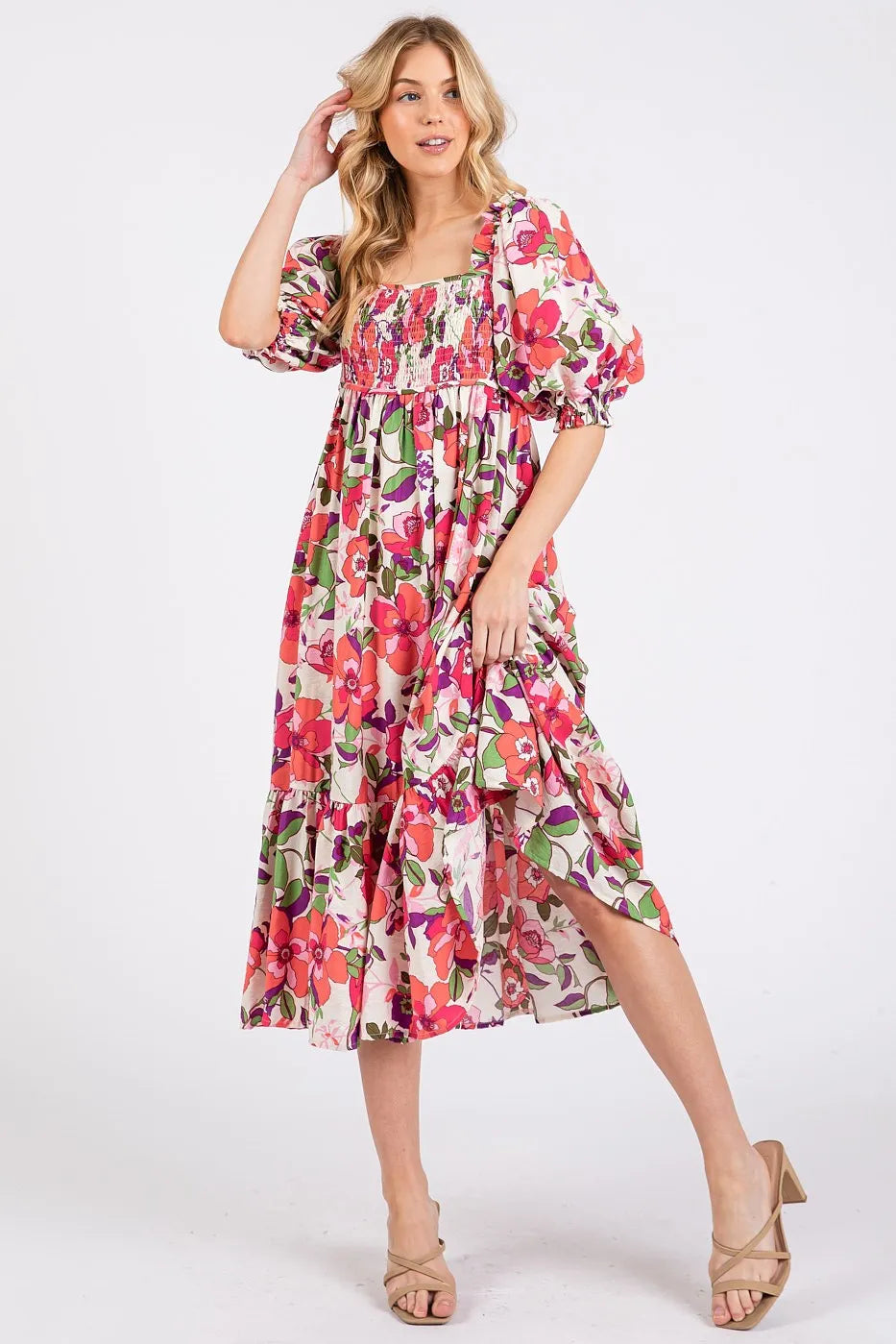 Garden Stroll Floral Smocked Midi Dress