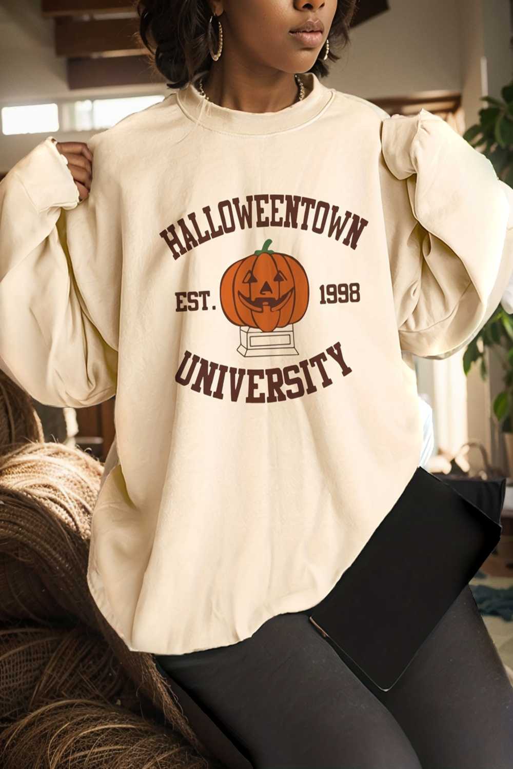 casual halloween pumpkin print long sleeve crew neck hoodie