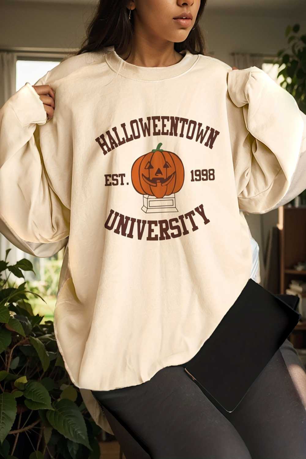 casual halloween pumpkin print long sleeve crew neck hoodie