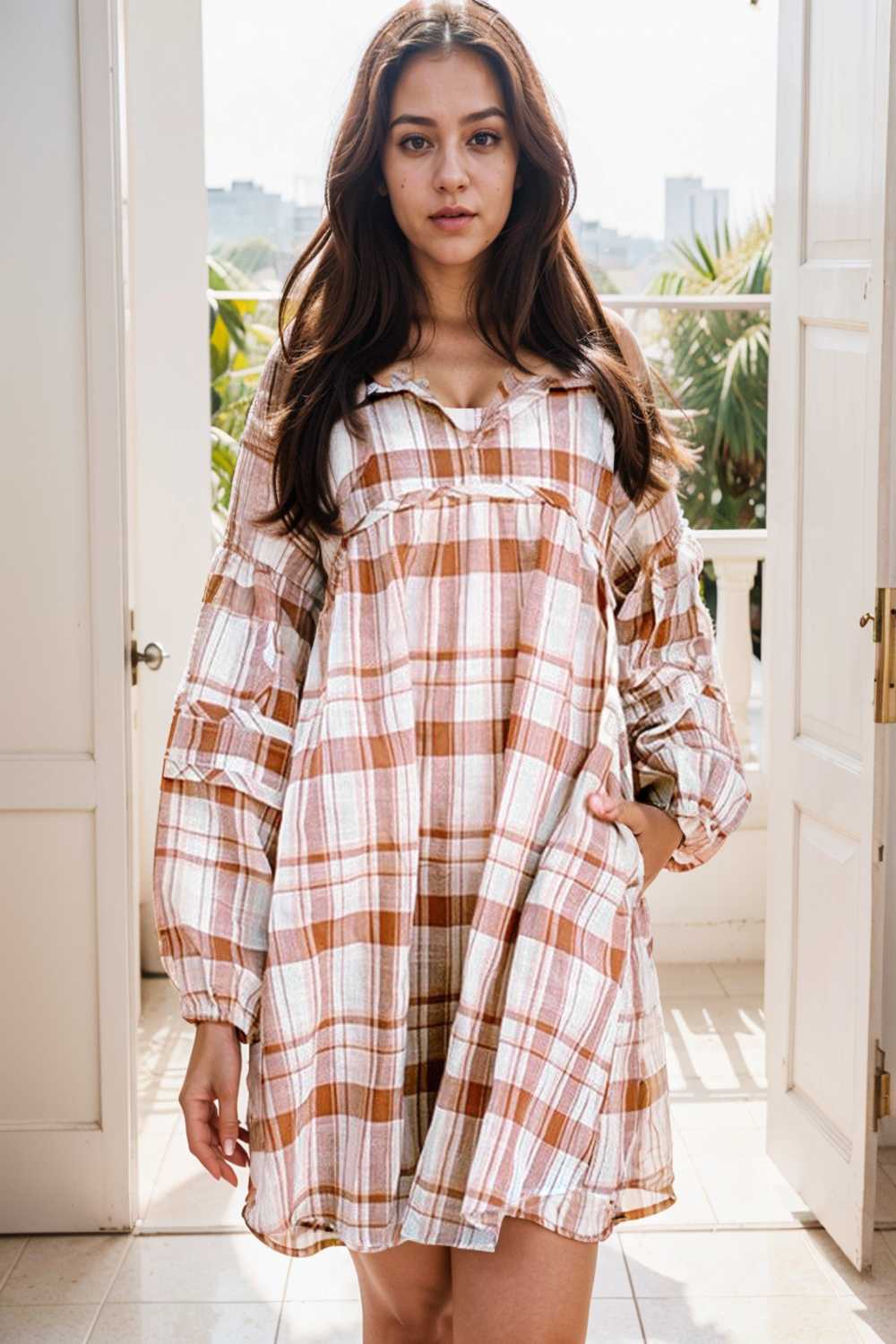 casual plaid shirt dress with long sleeves for women