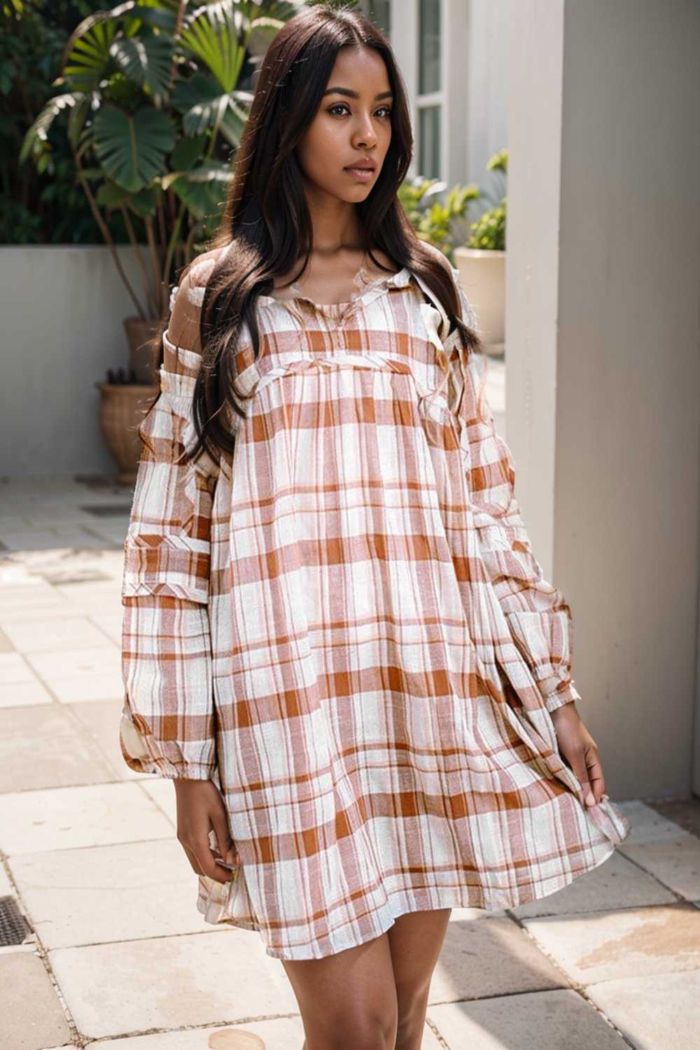 casual plaid shirt dress with long sleeves for women
