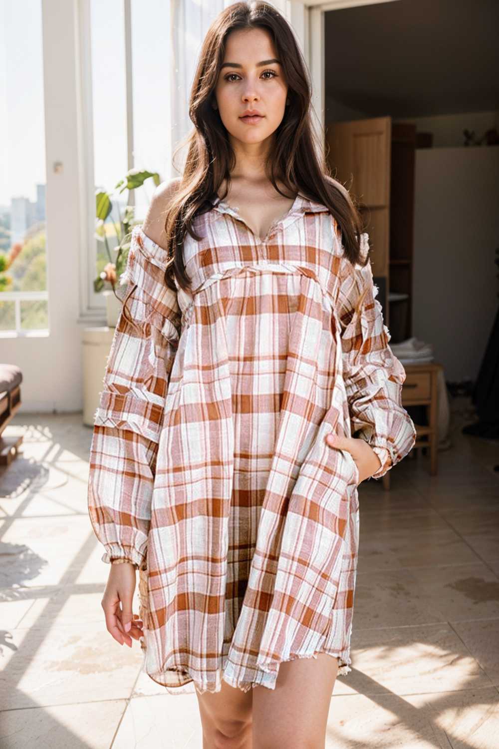 casual plaid shirt dress with long sleeves for women