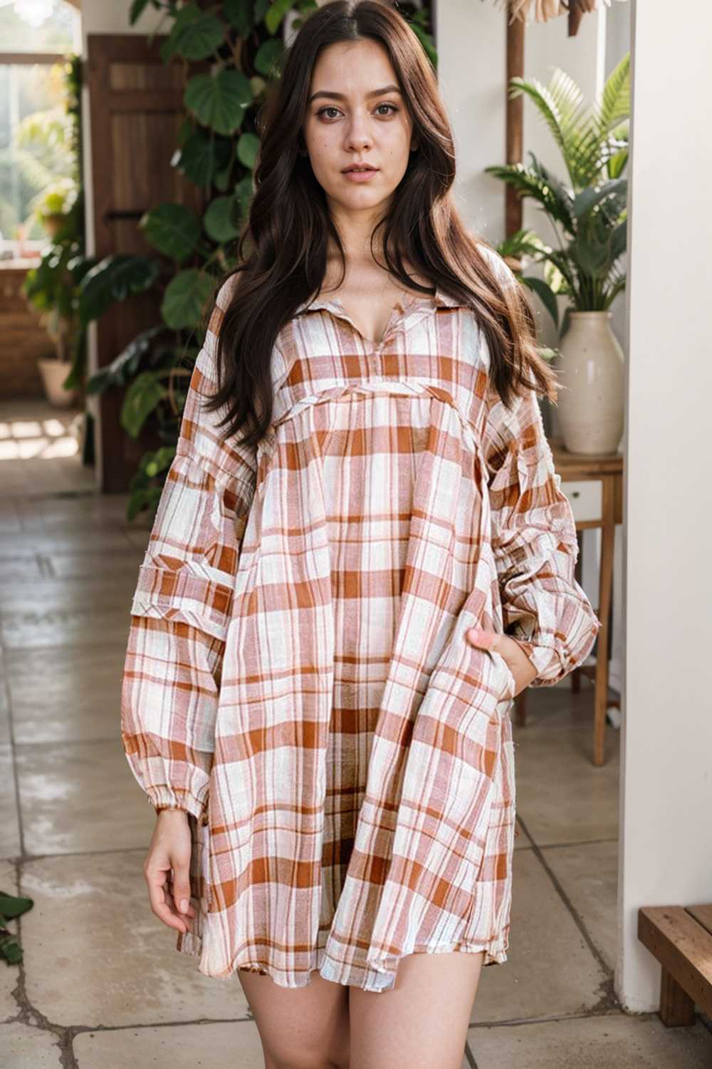 casual plaid shirt dress with long sleeves for women