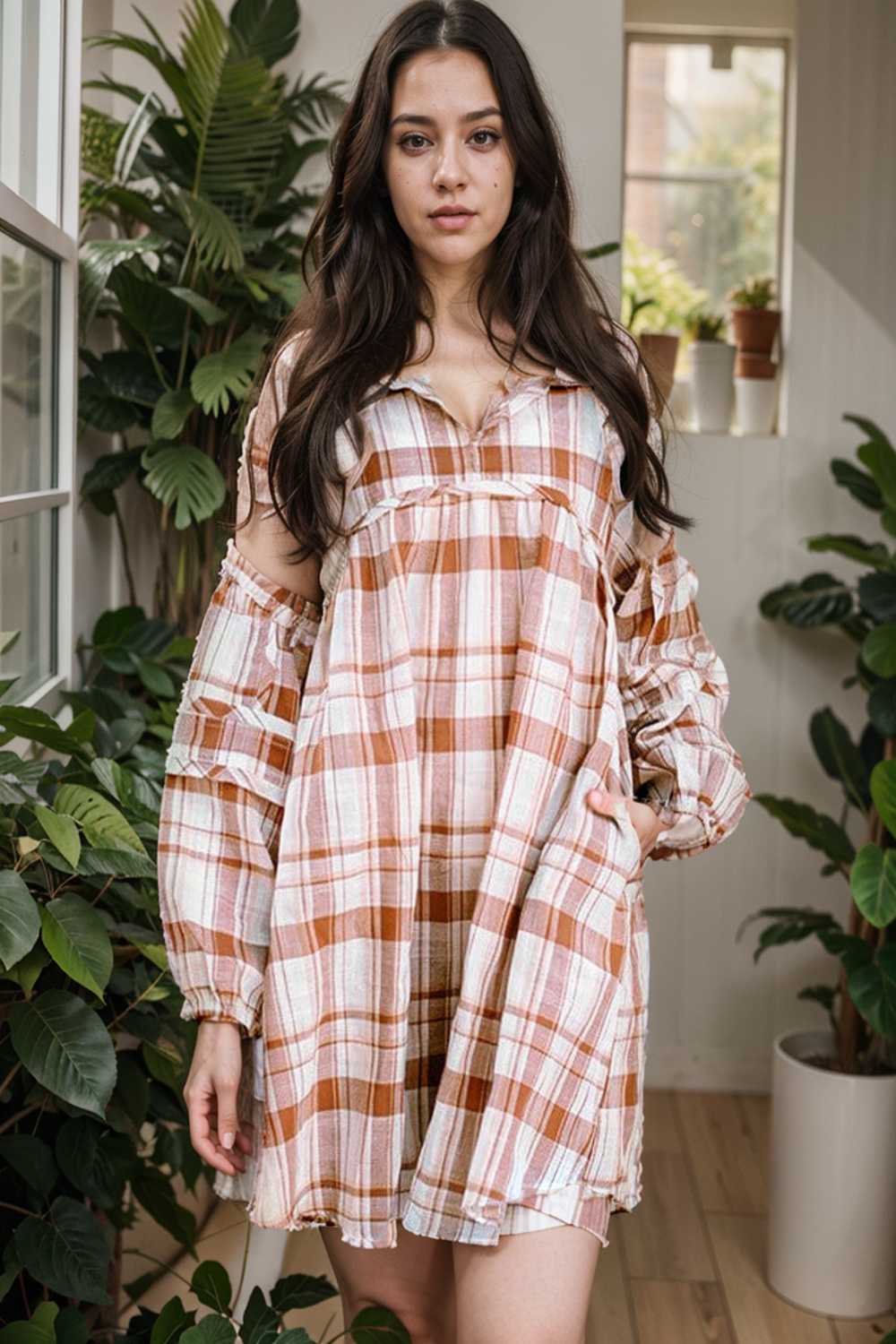 casual plaid shirt dress with long sleeves for women