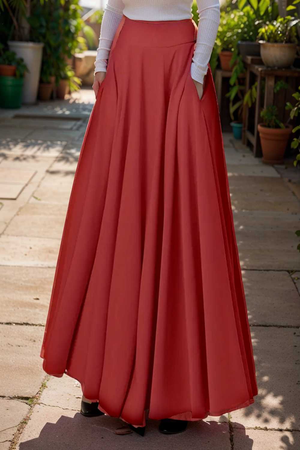 casual pleated pockets high waist loose maxi dress