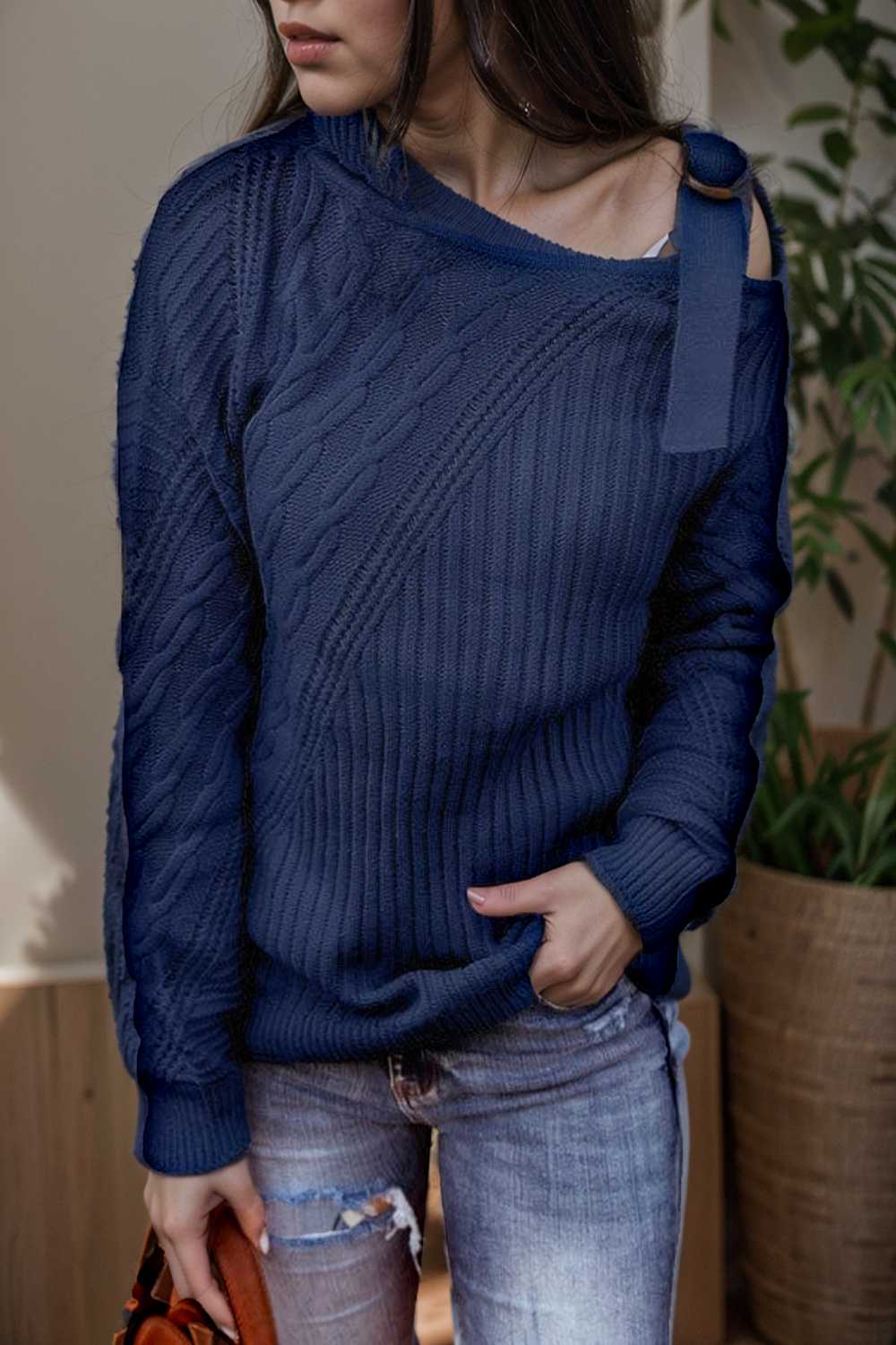casual ribbed button decor asymmetrical hem long sleeve t shirt