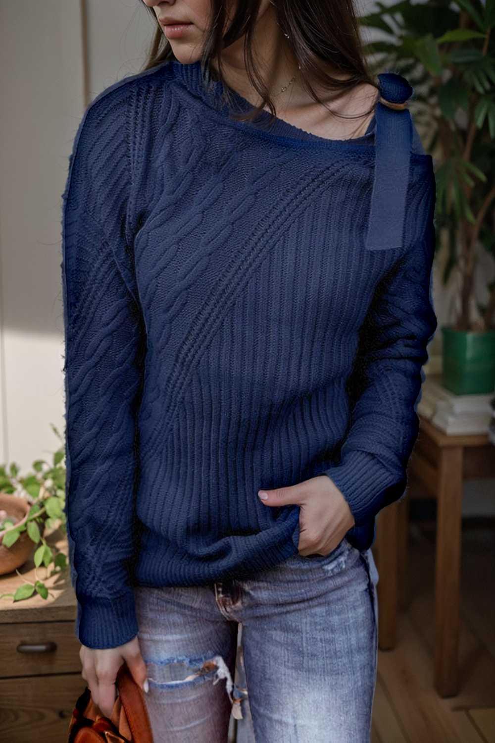 casual ribbed button decor asymmetrical hem long sleeve t shirt