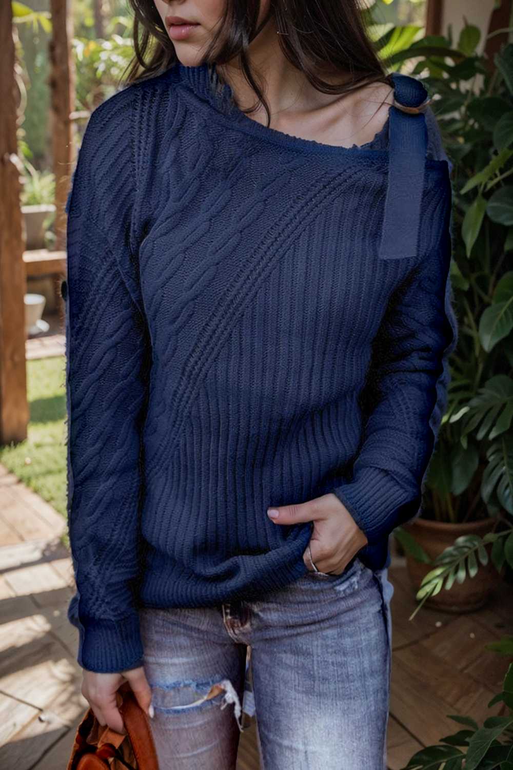 casual ribbed button decor asymmetrical hem long sleeve t shirt