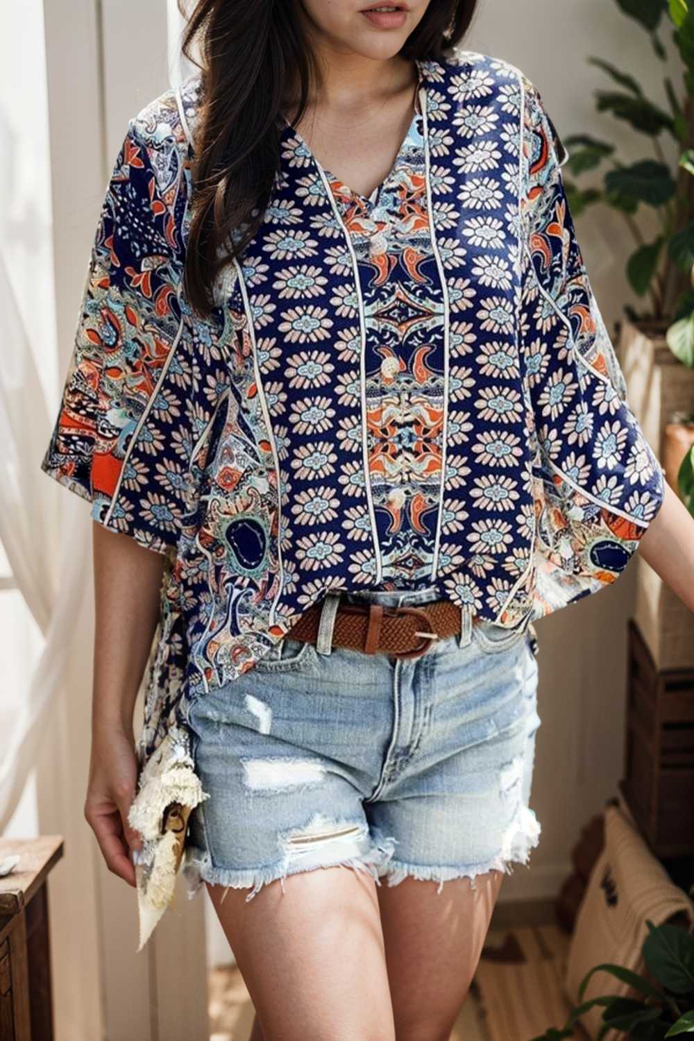 casual solid flowy loose tunic short sleeve v neck blouse