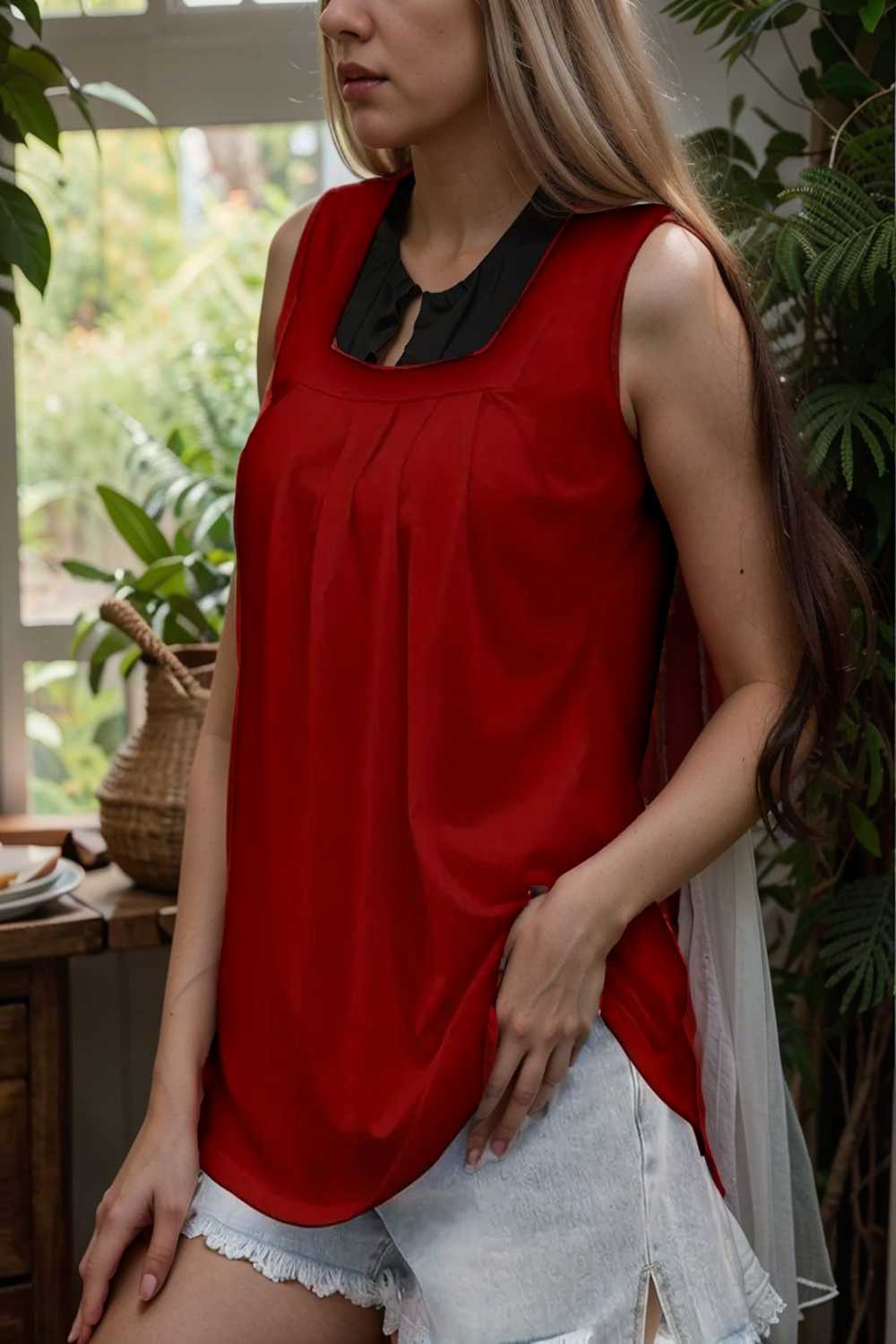 casual solid pleated square neck sleeveless tank top