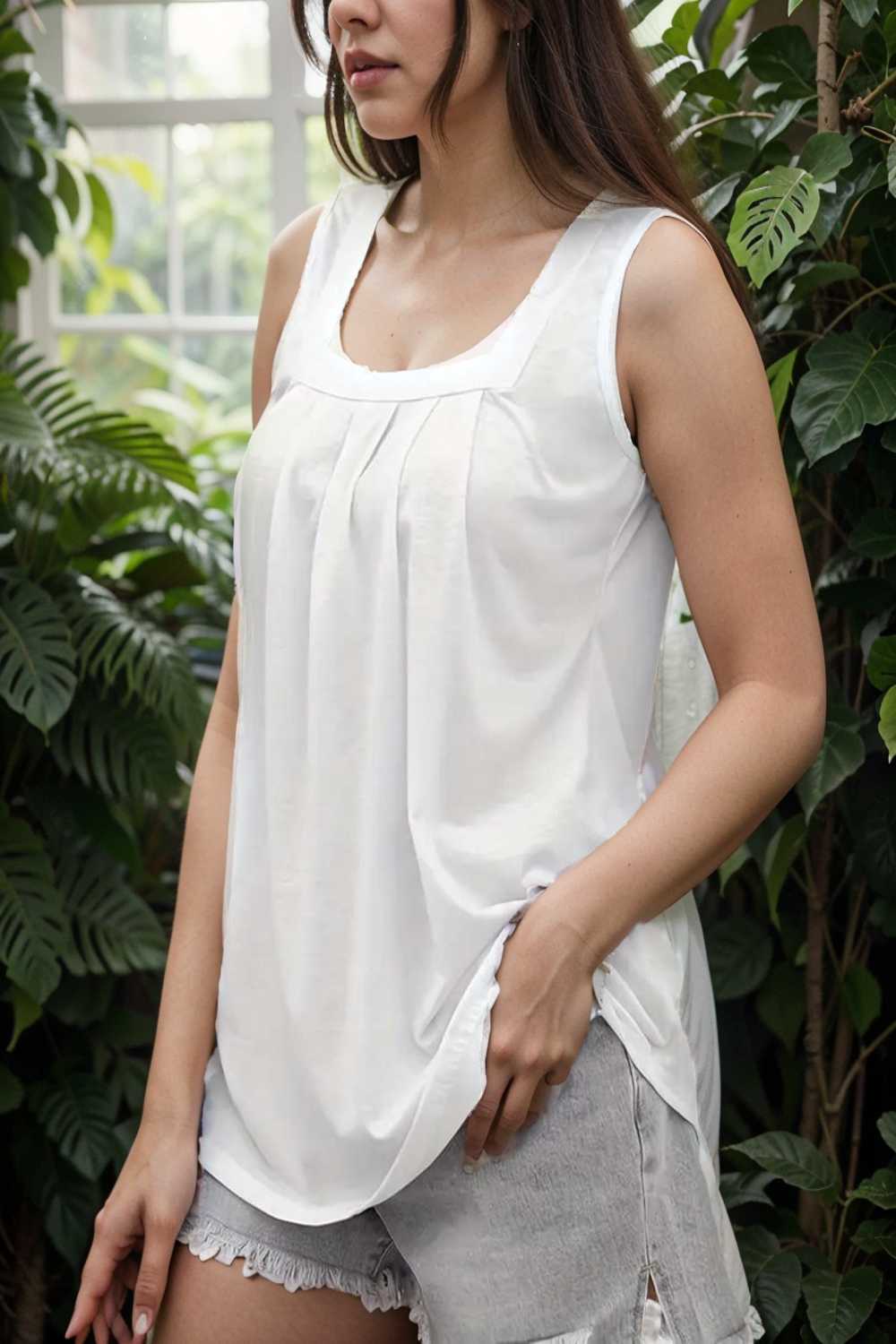 casual solid pleated square neck sleeveless tank top