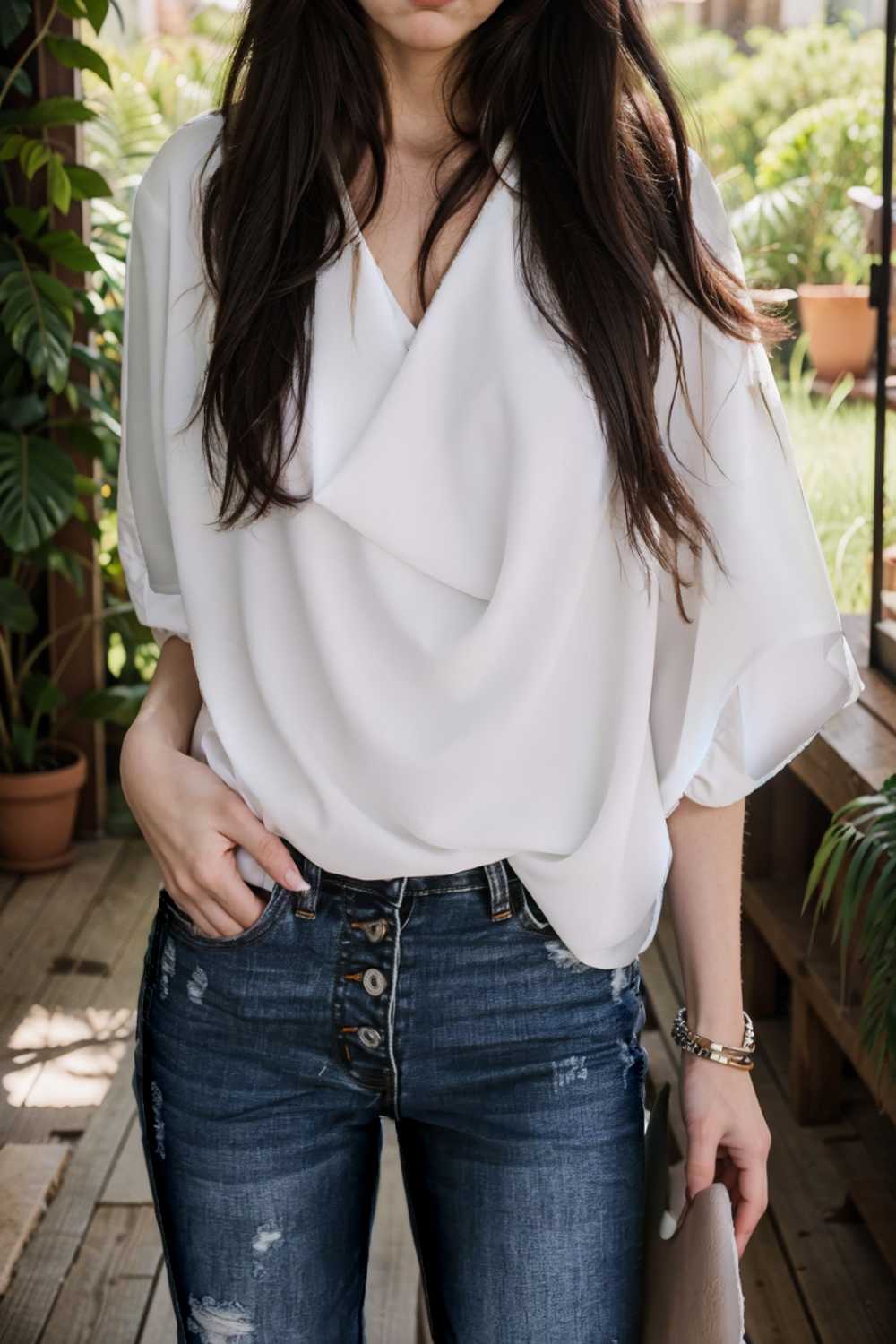 casual v neck pleated chiffon shirt