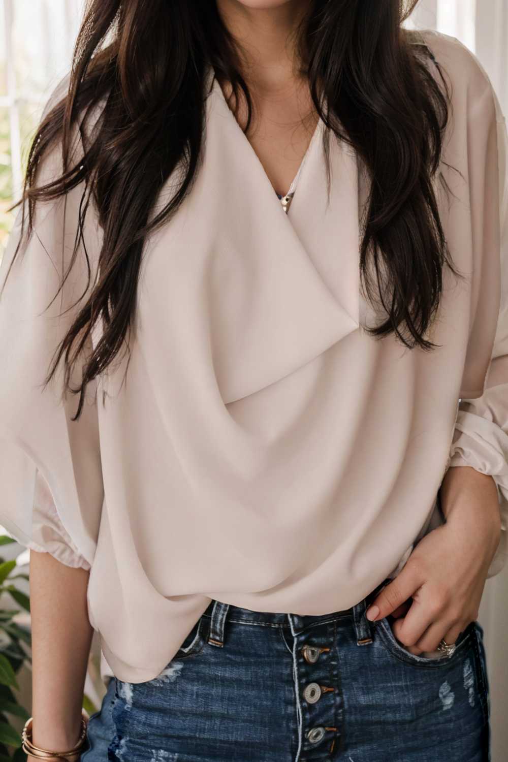 casual v neck pleated chiffon shirt