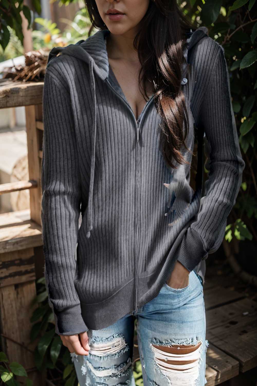 casual zip cardigan long sleeve knit hoodie shirt drop shoulder v neck closed jewel