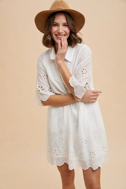 Eyelet Escape Embroidered Scallop Edge Detail Mini Shirt Dress