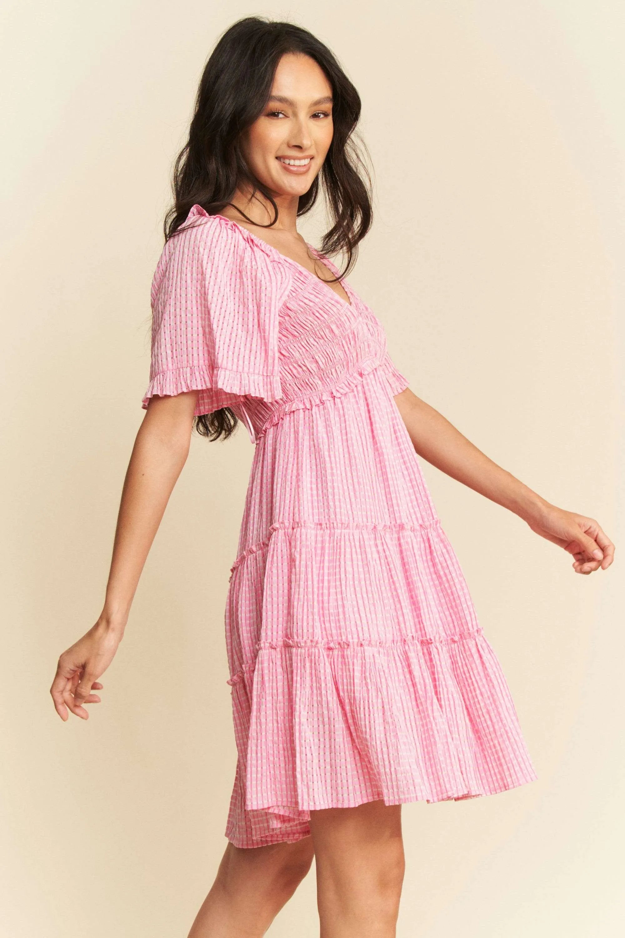 Forever Yours Pink Jacquard Checker Smocking Tiered Dress