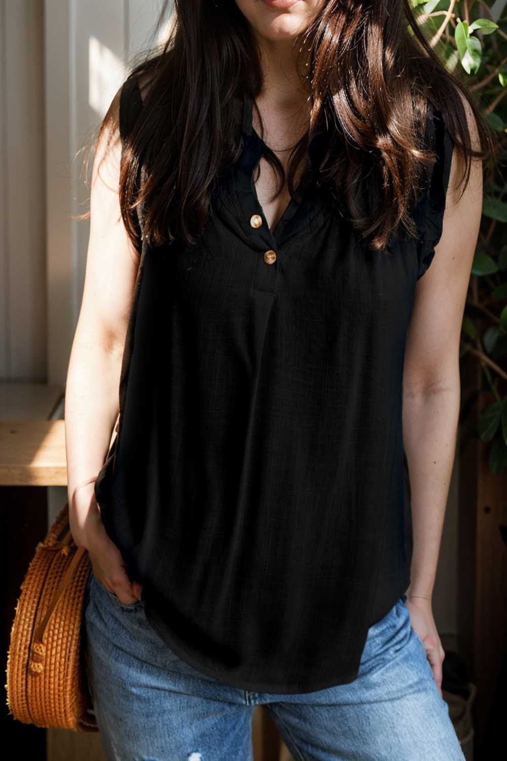 chic black ruffle trim v neck tank top